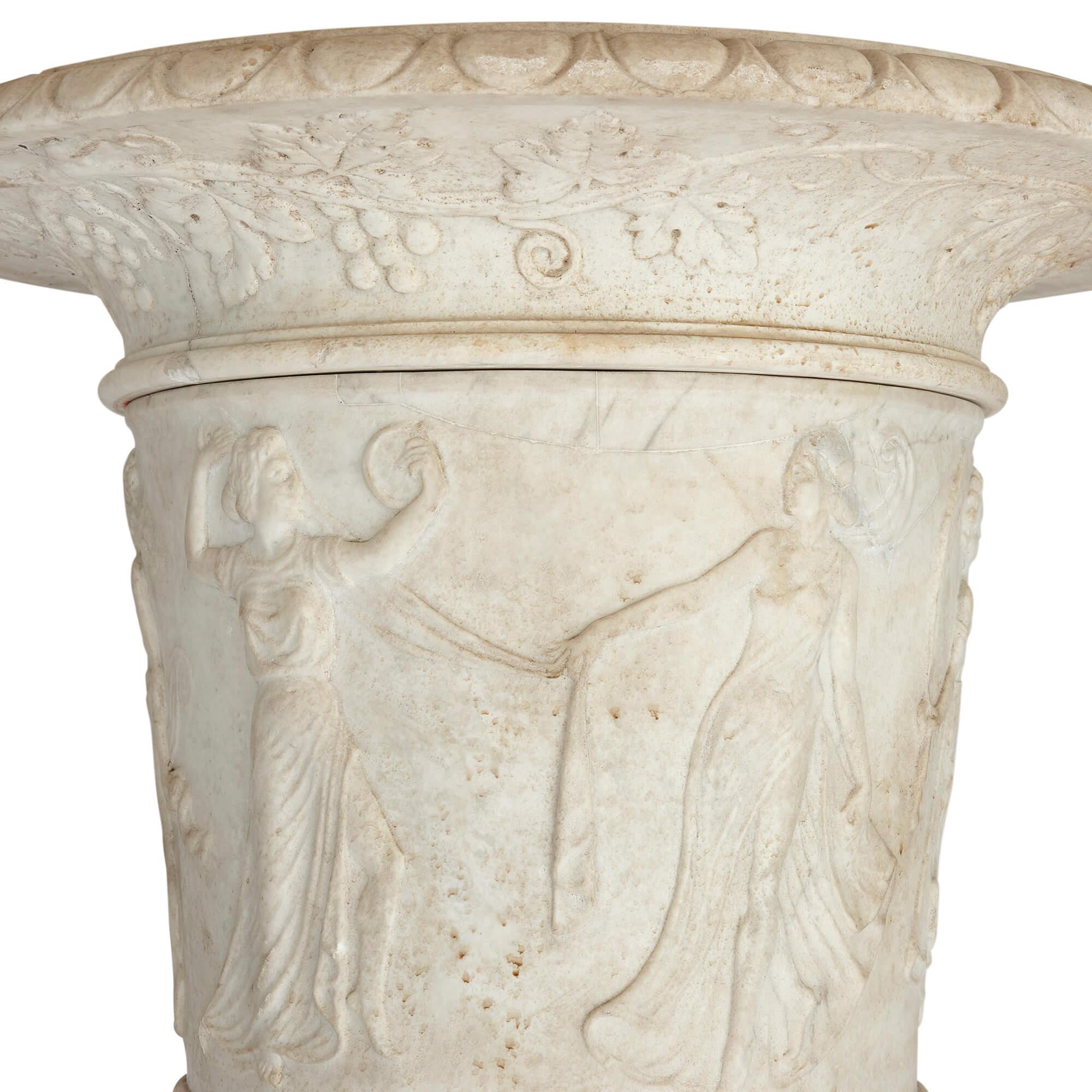 Pair of Large, Very Fine Carved Marble Garden Urns of Campana Form with Plinths In Fair Condition For Sale In London, GB