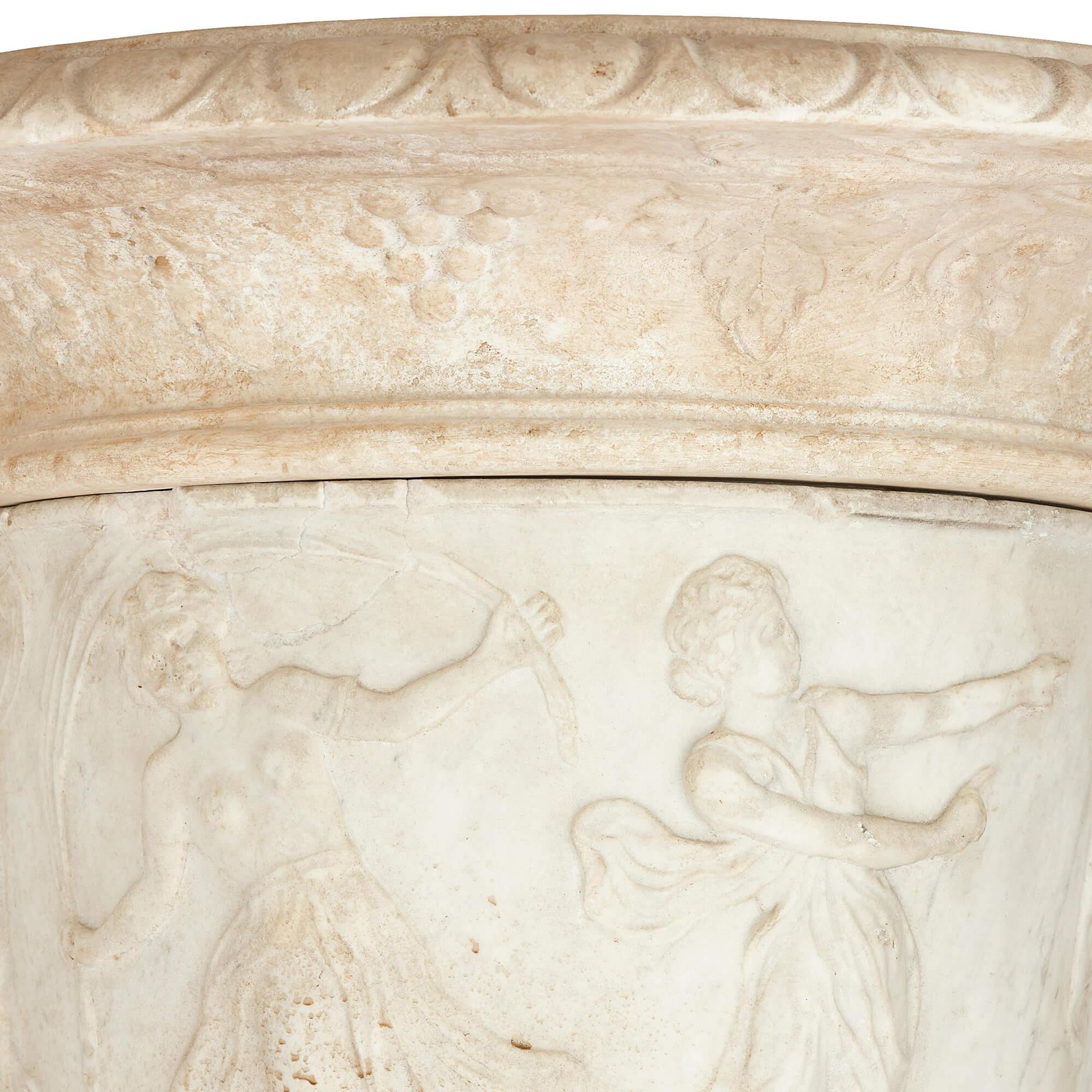 Limestone Pair of Large, Very Fine Carved Marble Garden Urns of Campana Form with Plinths For Sale