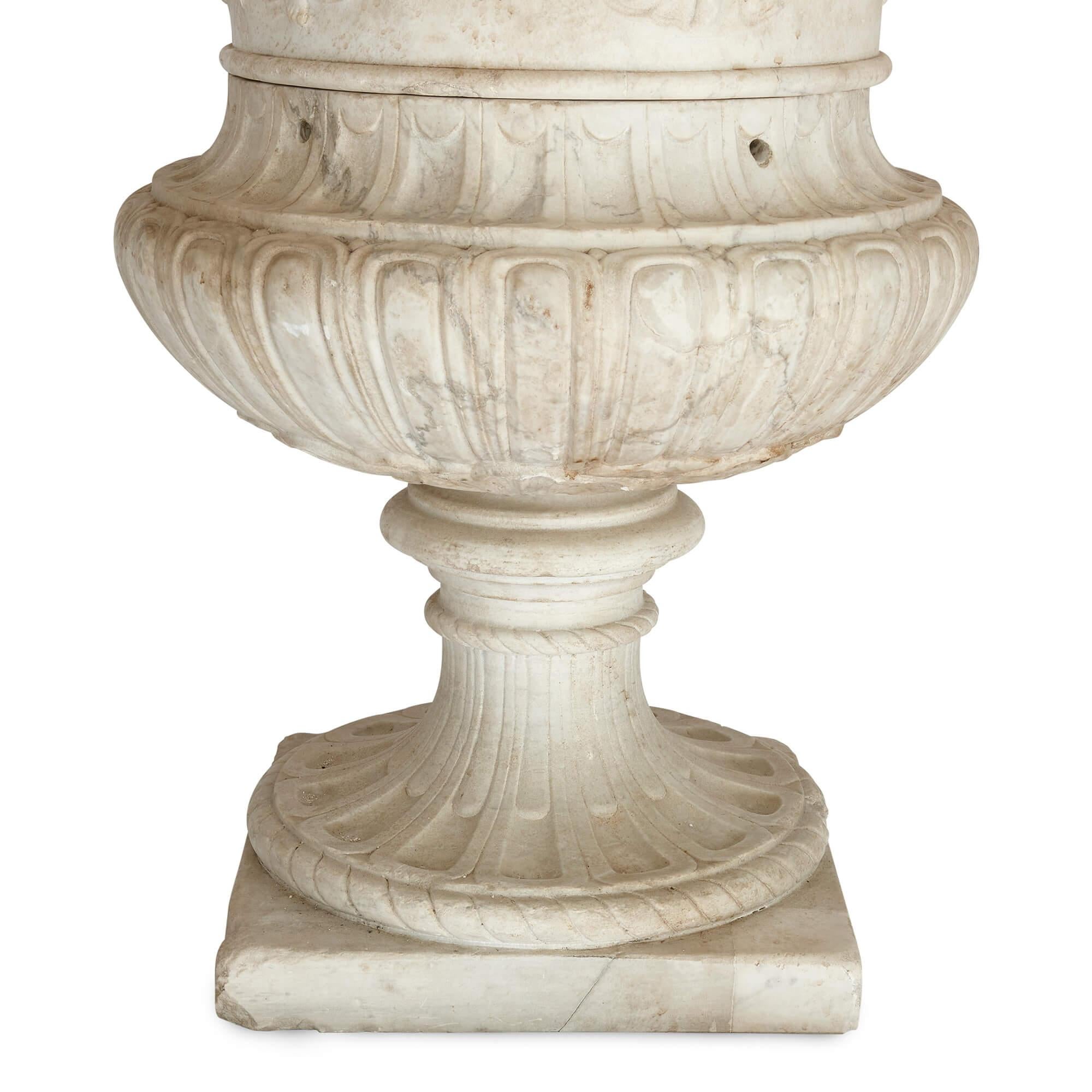 Pair of Large, Very Fine Carved Marble Garden Urns of Campana Form with Plinths For Sale 1