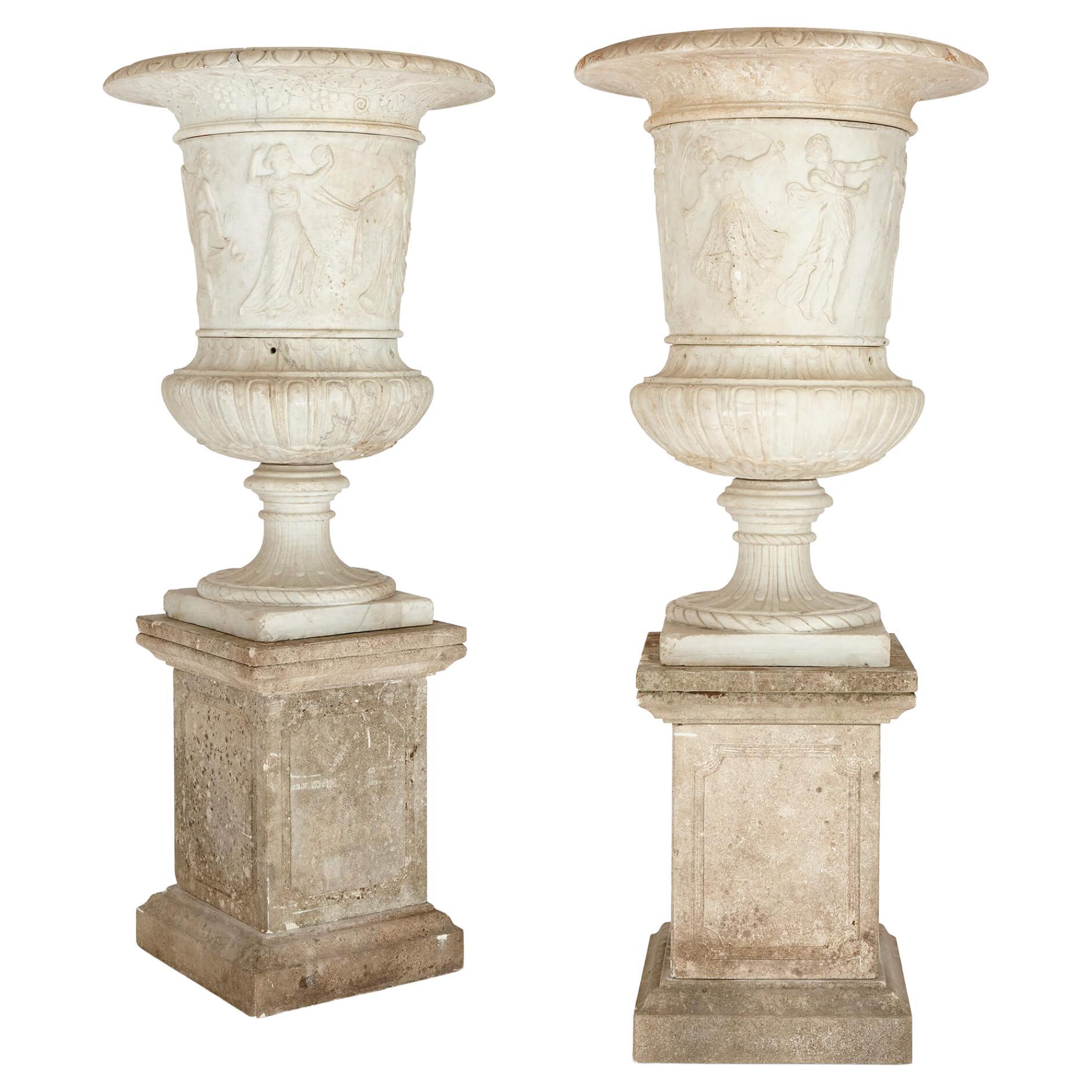 Pair of Large, Very Fine Carved Marble Garden Urns of Campana Form with Plinths