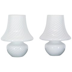 Pair of Large Vetri Swirl Milk Murano Glass Mushroom Lamps