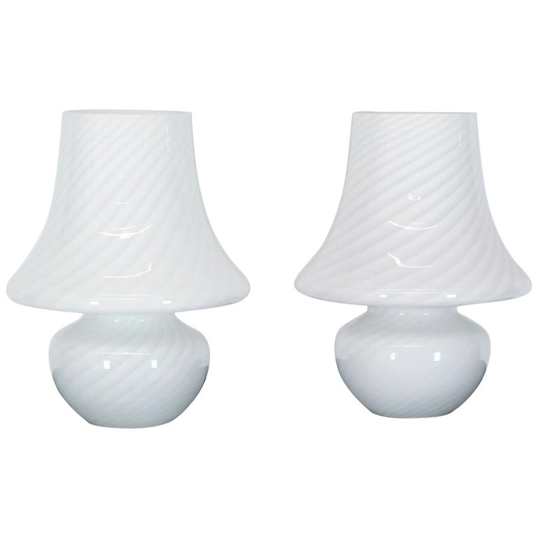 Pair of Large Vetri Swirl Milk Murano Glass Mushroom Lamps For Sale