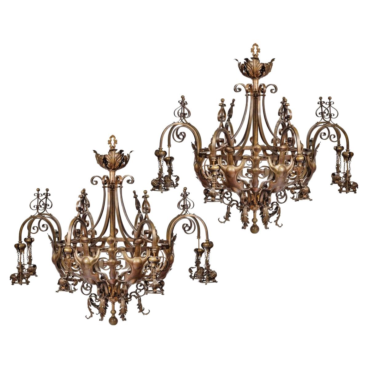 Pair of Large Victorian 8-Light Brass Chandeliers