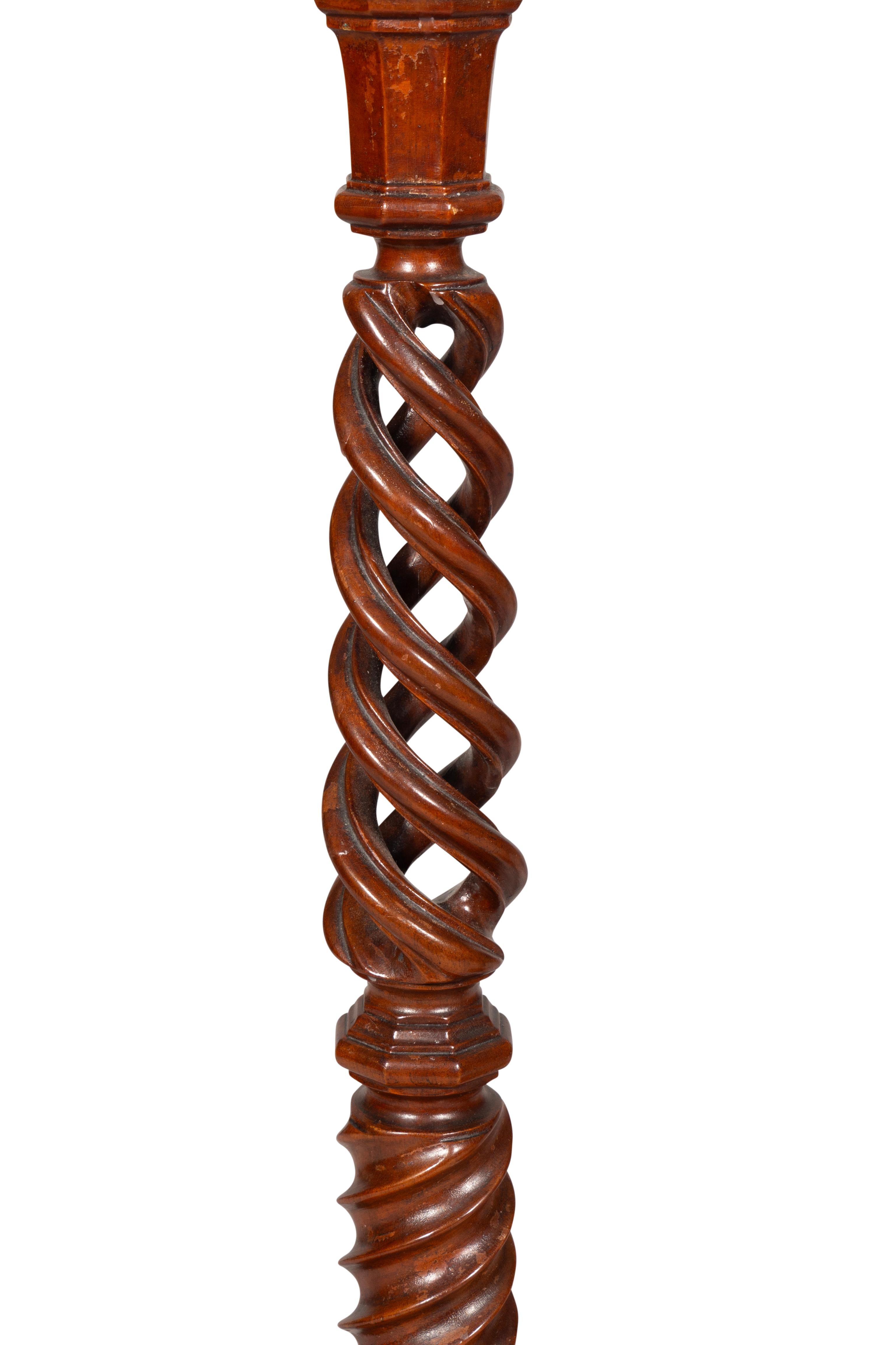 English Pair Of Large Victorian Walnut Spiral Carved Candlesticks