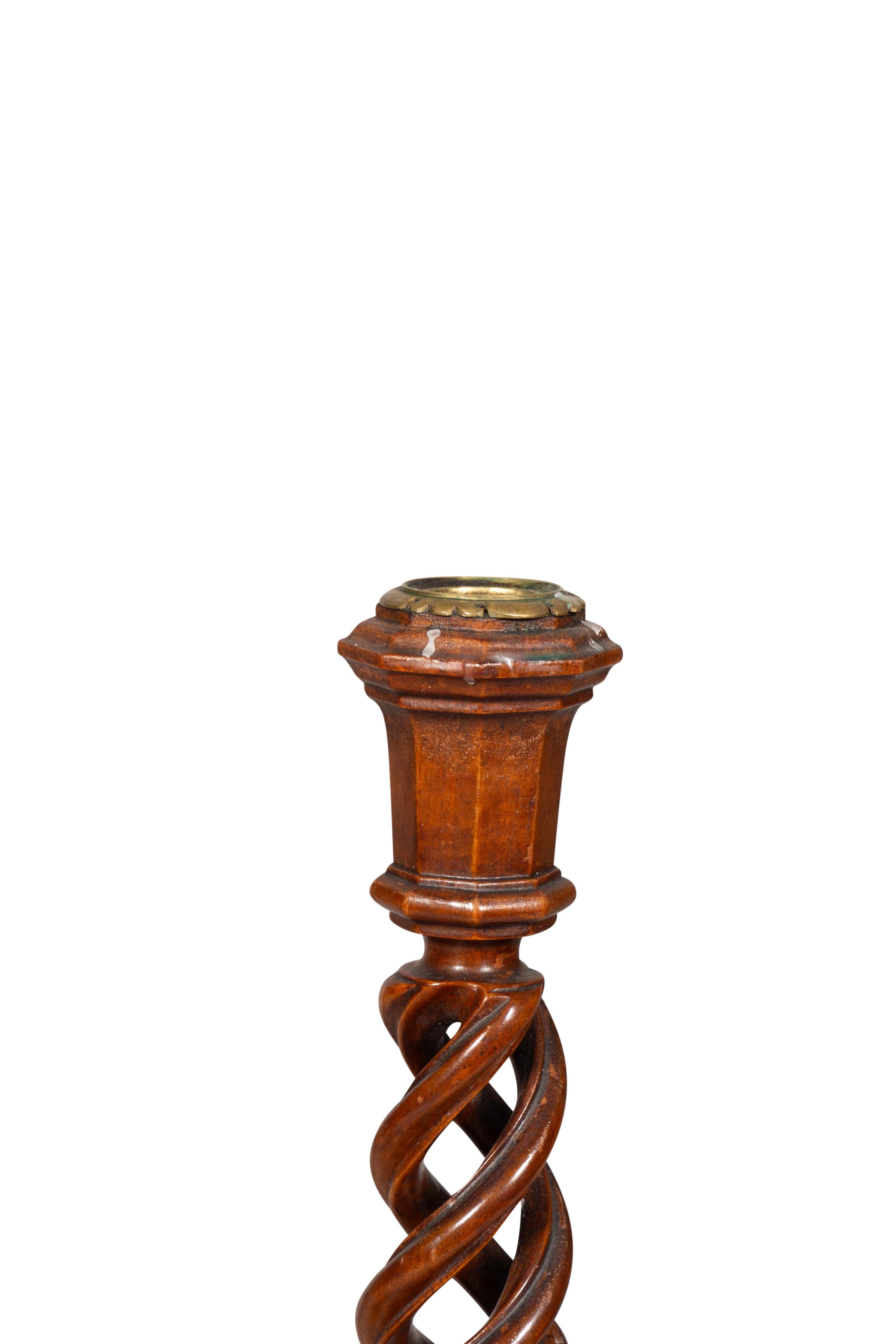 19th Century Pair Of Large Victorian Walnut Spiral Carved Candlesticks