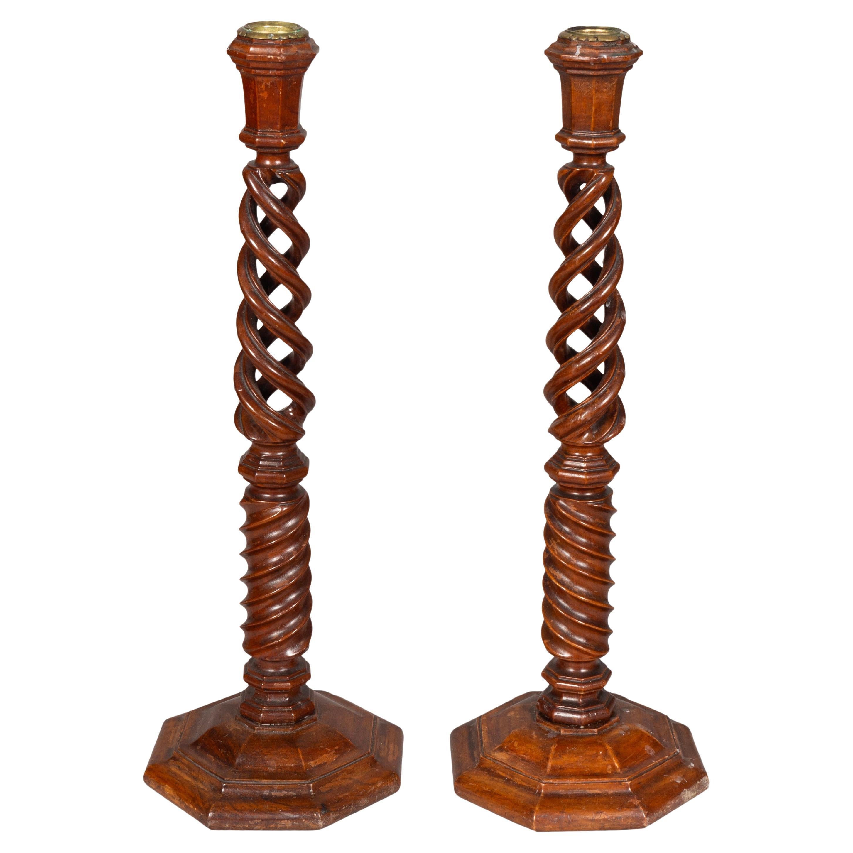 Pair Of Large Victorian Walnut Spiral Carved Candlesticks