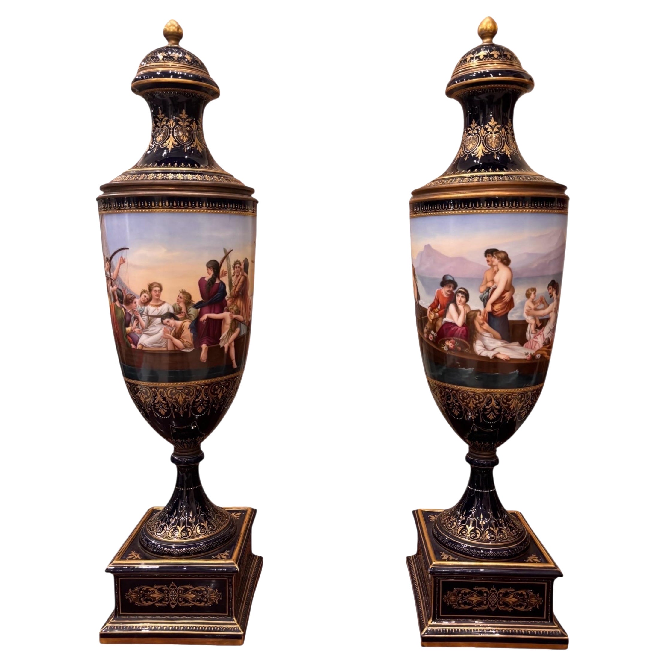 Pair of Large Vienna Porcelain Covered Vases, 19th Century For Sale