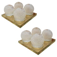 Pair of Large Vintage 1970s Brass
Glass Wall Lights with Four Globe Shades