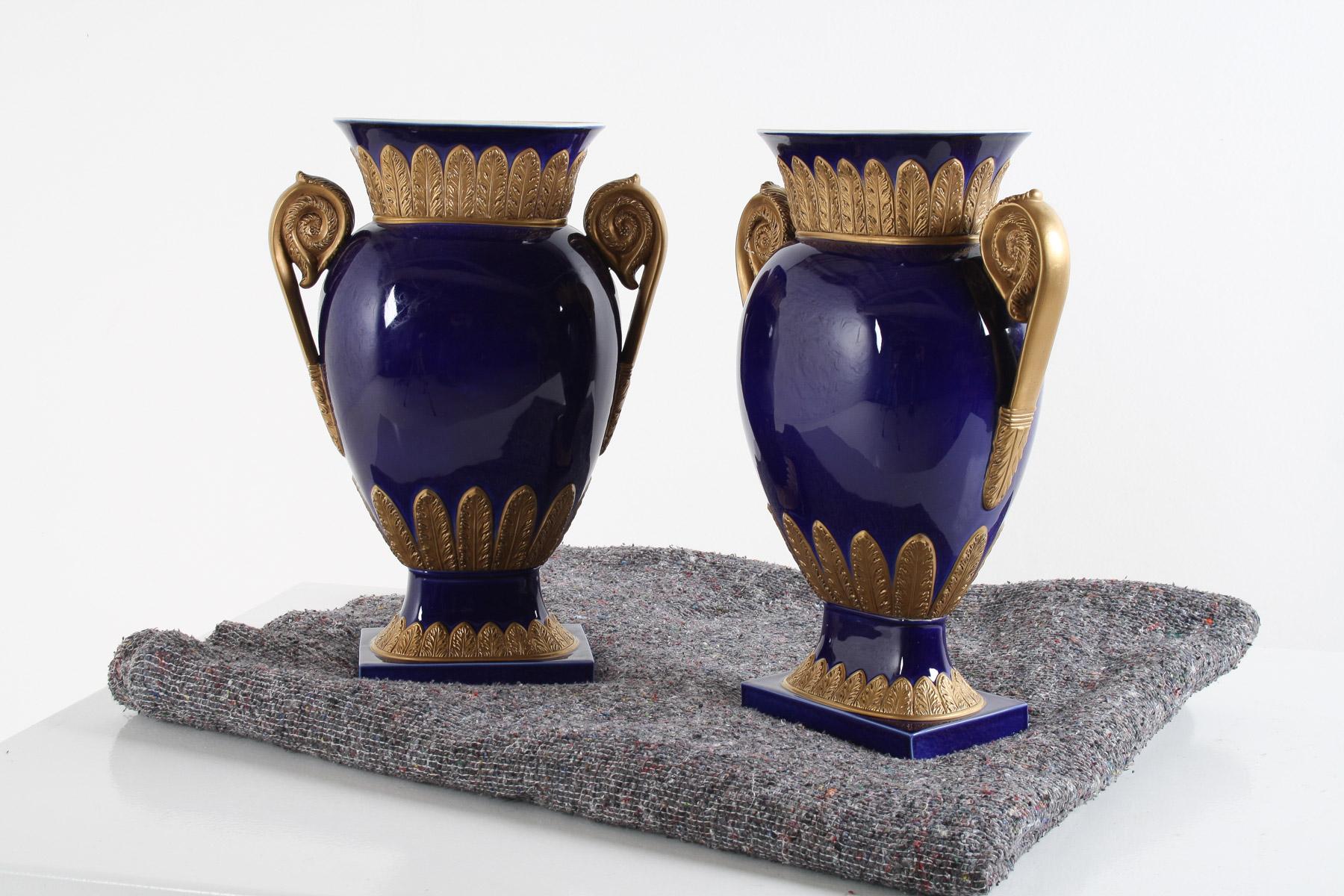 Gilt Pair of Large Vintage 80s Rococo Regency Vases By Agostinelli Italy for Harrods For Sale