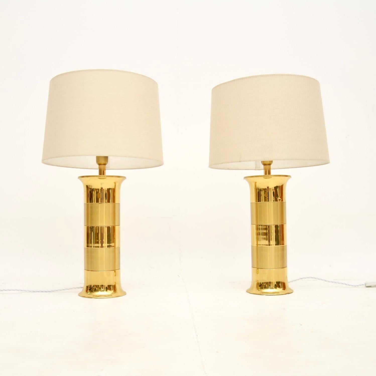 A stunning pair of large vintage brass table lamps, made in France and dating from the 1970’s.

The quality is outstanding, they are beautifully designed and are a fantastic size.

The condition is excellent for their age, with a few incredibly