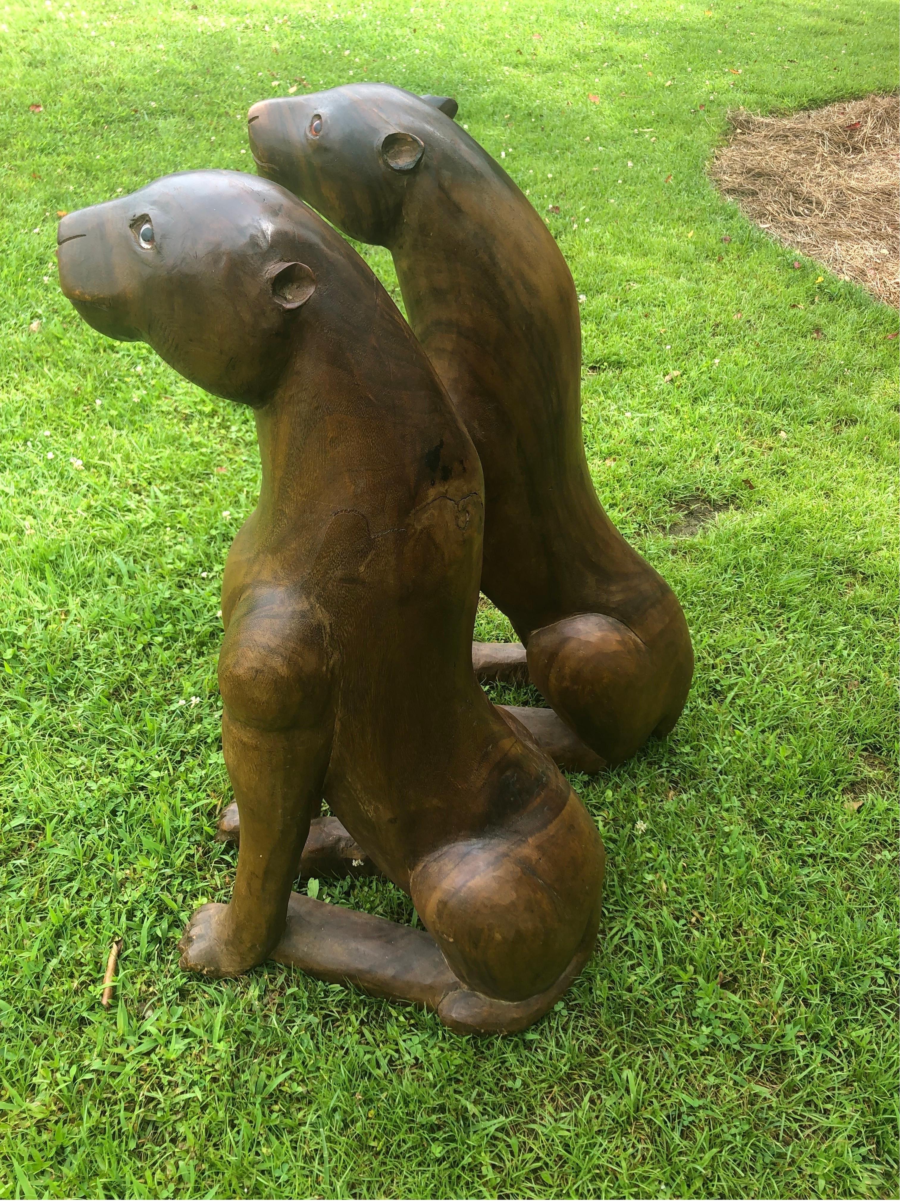 Folk Art Pair of Large Vintage Carved Wooden Panthers For Sale