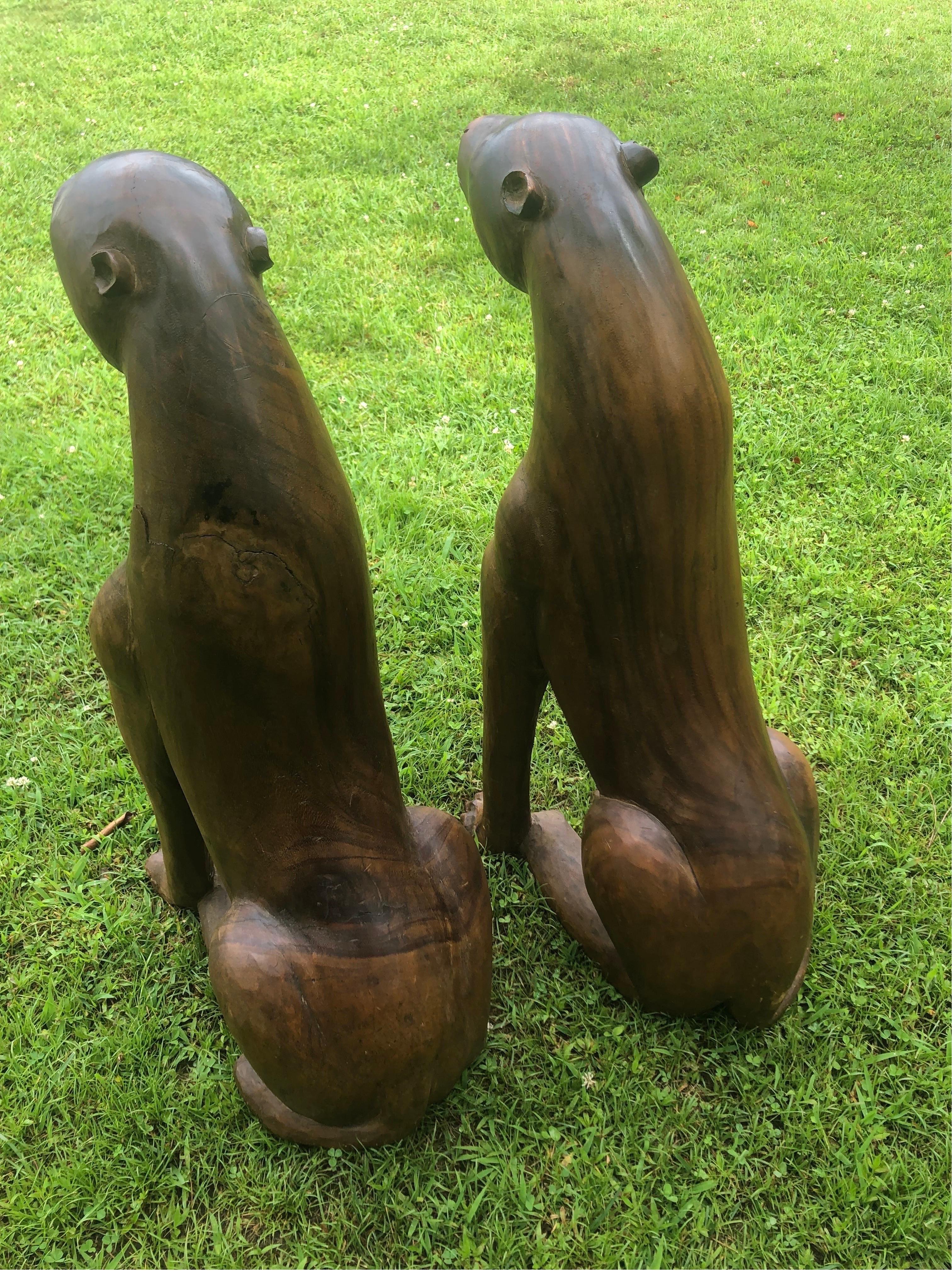 Asian Pair of Large Vintage Carved Wooden Panthers For Sale