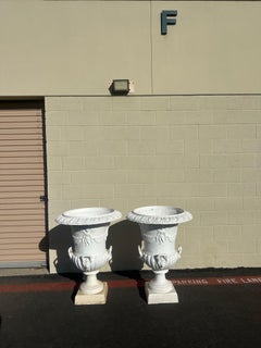 Pair of Large Vintage Cast Iron Garden Urns Classical Style Planters