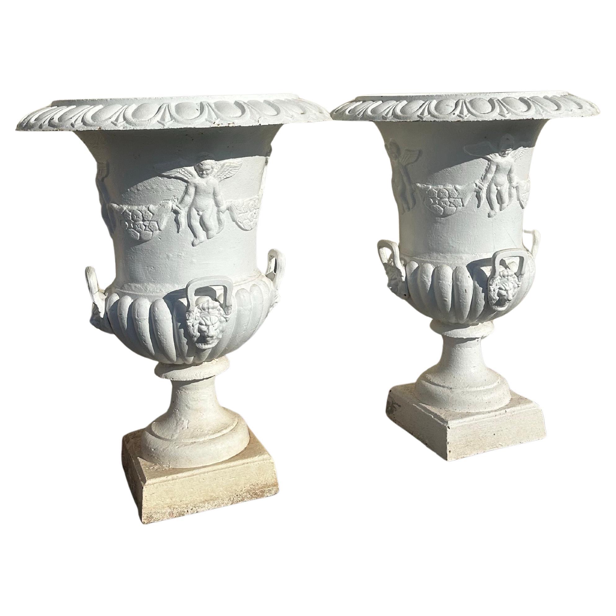 Pair of Large Vintage Cast Iron Garden Urns Classical Style Planters