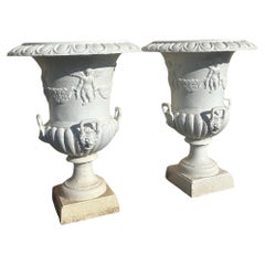 Pair of Large Vintage Cast Iron Garden Urns Classical Style Planters