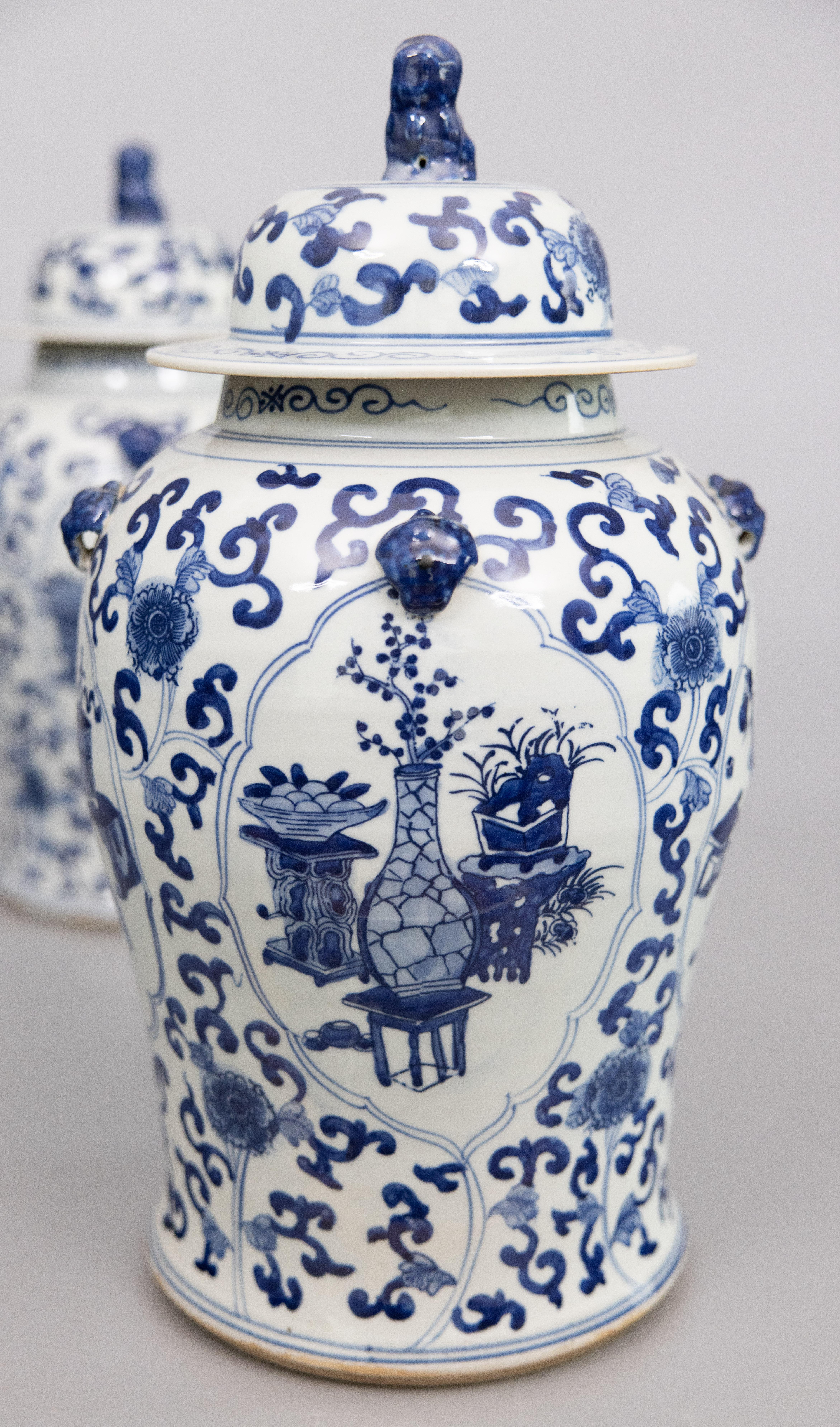XX secolo Coppia di grandi barattoli di zenzero d'epoca cinesi in bianco e blu del Tempio del Cane Pippo in vendita