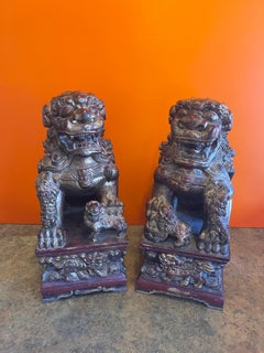 Pair of Large Vintage Chinese Hand Carved Gold Giltwood Foo Dogs