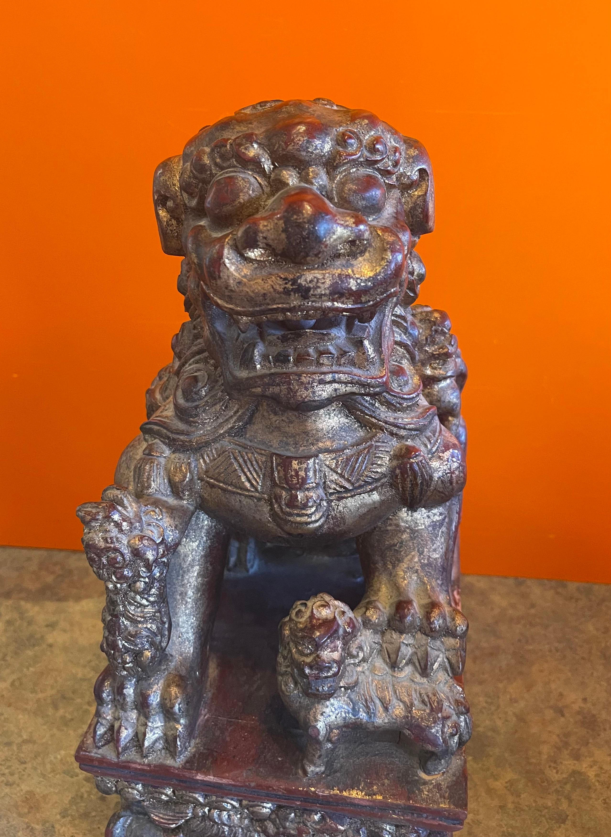 Pair of Large Vintage Chinese Hand Carved Gold Giltwood Foo Dogs In Good Condition For Sale In San Diego, CA