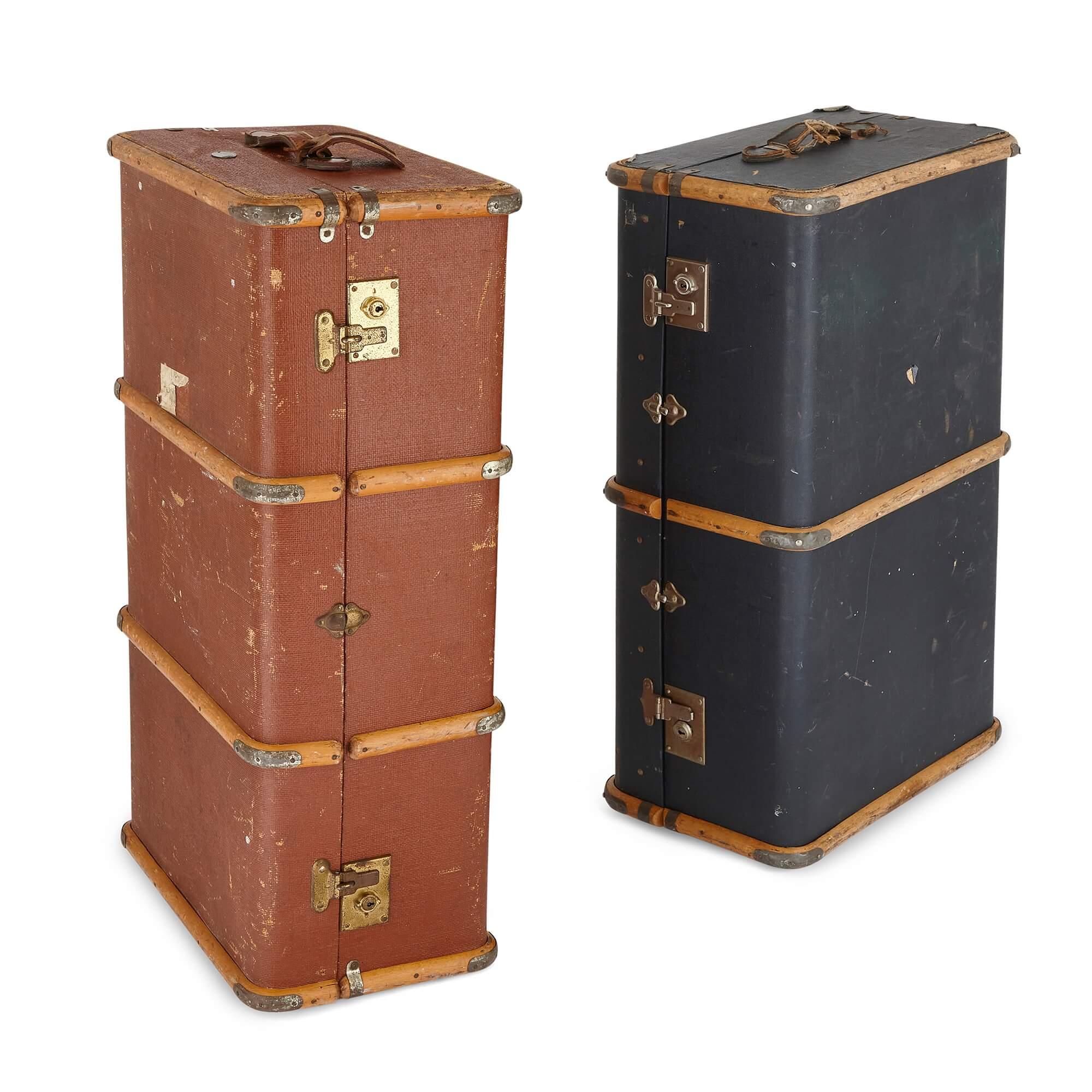 Pair of large vintage English travel cases made by Frenchs.
English, 20th Century.
Blue case: height 31cm, width 84cm, depth 51cm.
Red case: height 32cm, width 90cm, depth 51cm.

Dating to the early twentieth century, these intriguing pieces