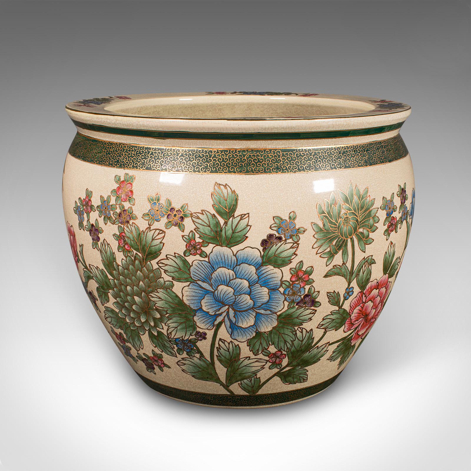 Chinese Export Pair of Large Vintage Fishbowl Planters, Chinese, Art Deco, Ceramic Jardiniere