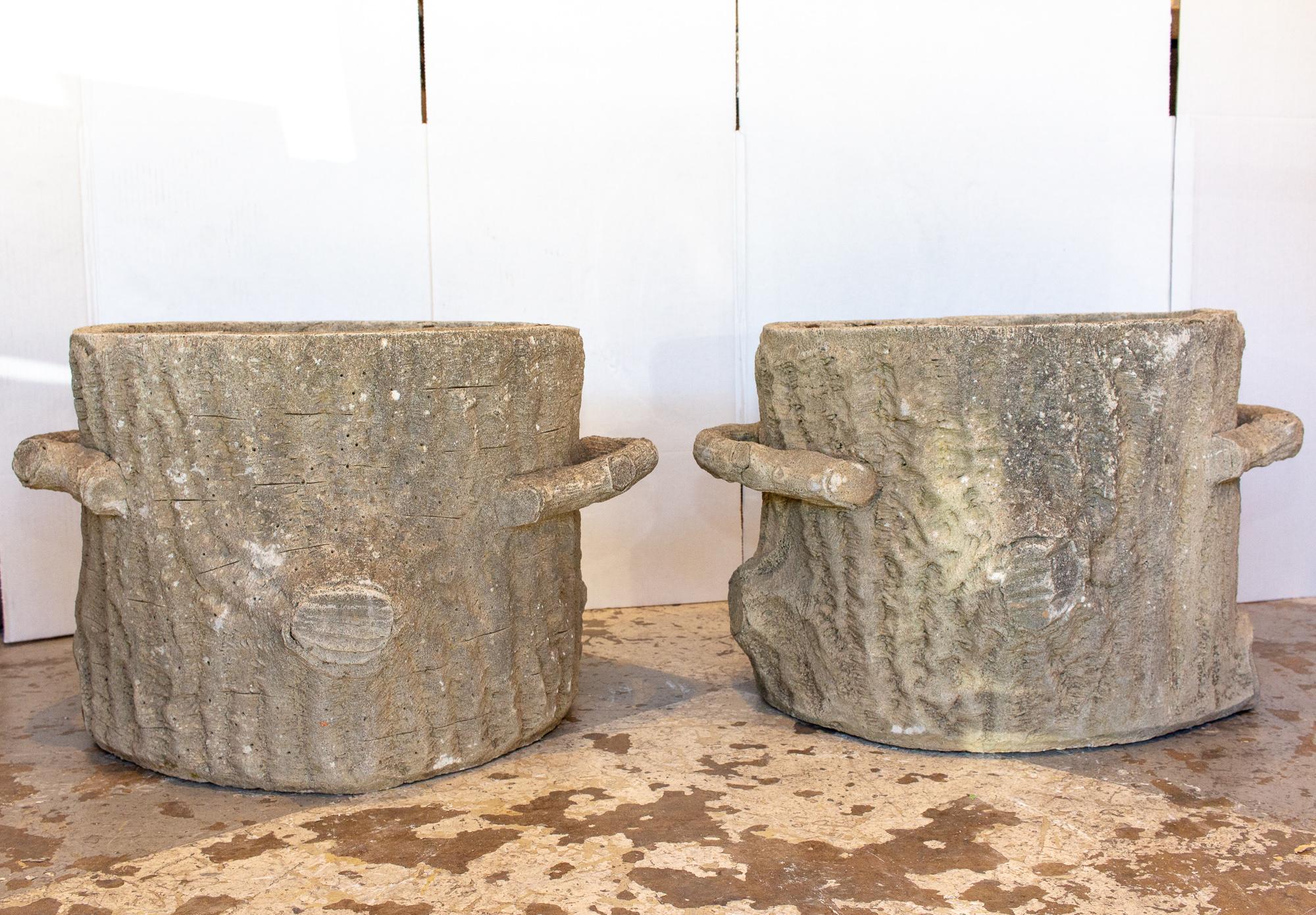 Pair of Large Vintage French Faux Bois Tree Stump Planters In Good Condition In Houston, TX