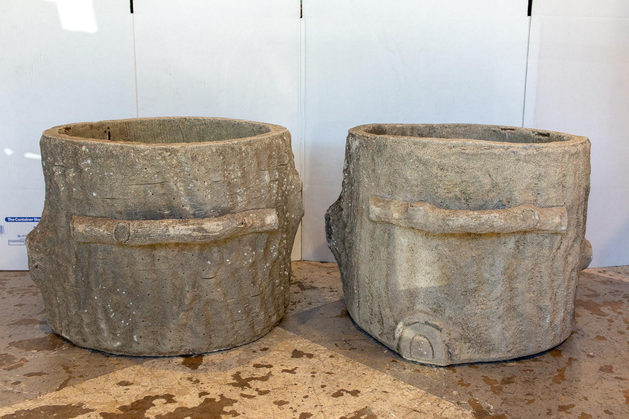 Mid-20th Century Pair of Large Vintage French Faux Bois Tree Stump Planters