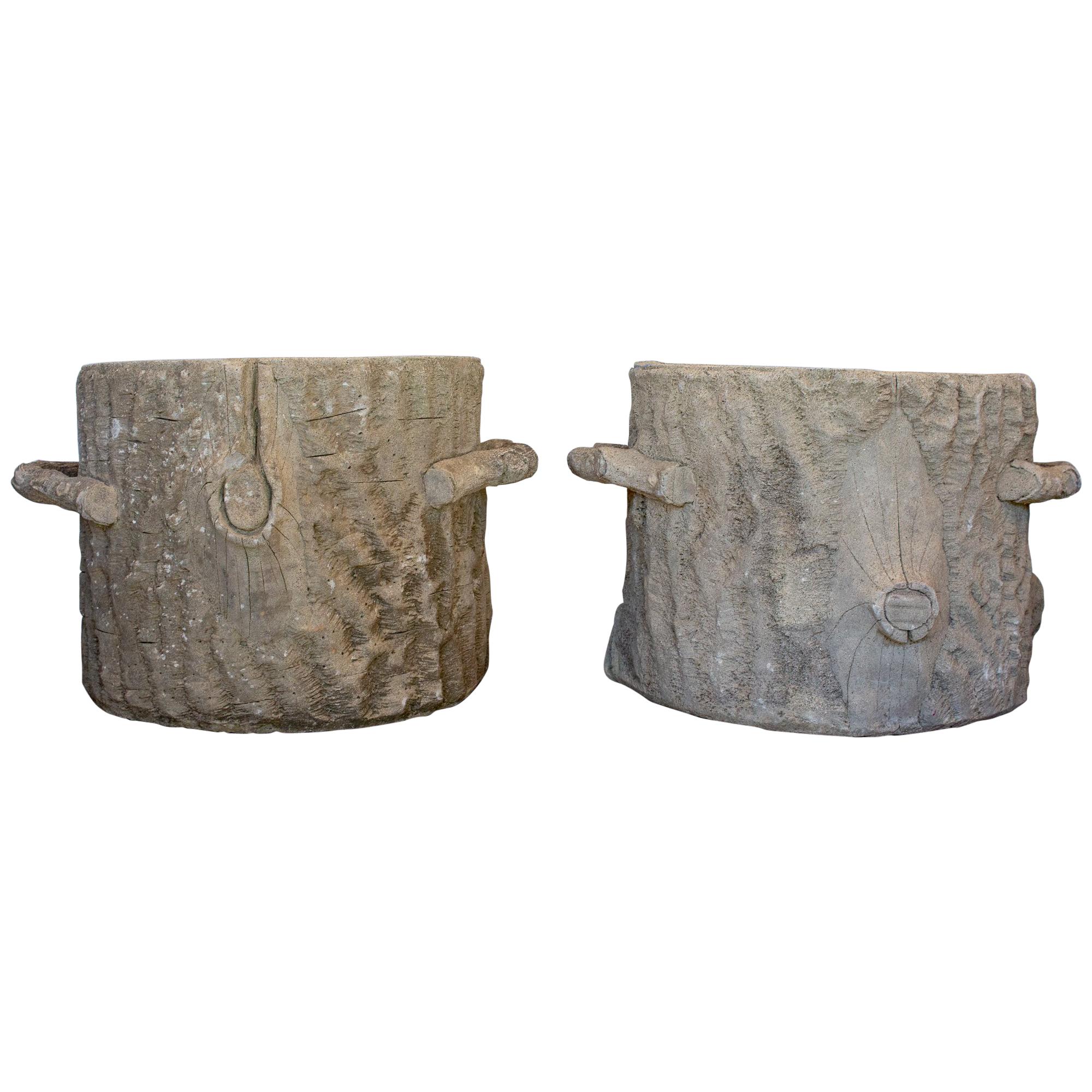 Pair of Large Vintage French Faux Bois Tree Stump Planters