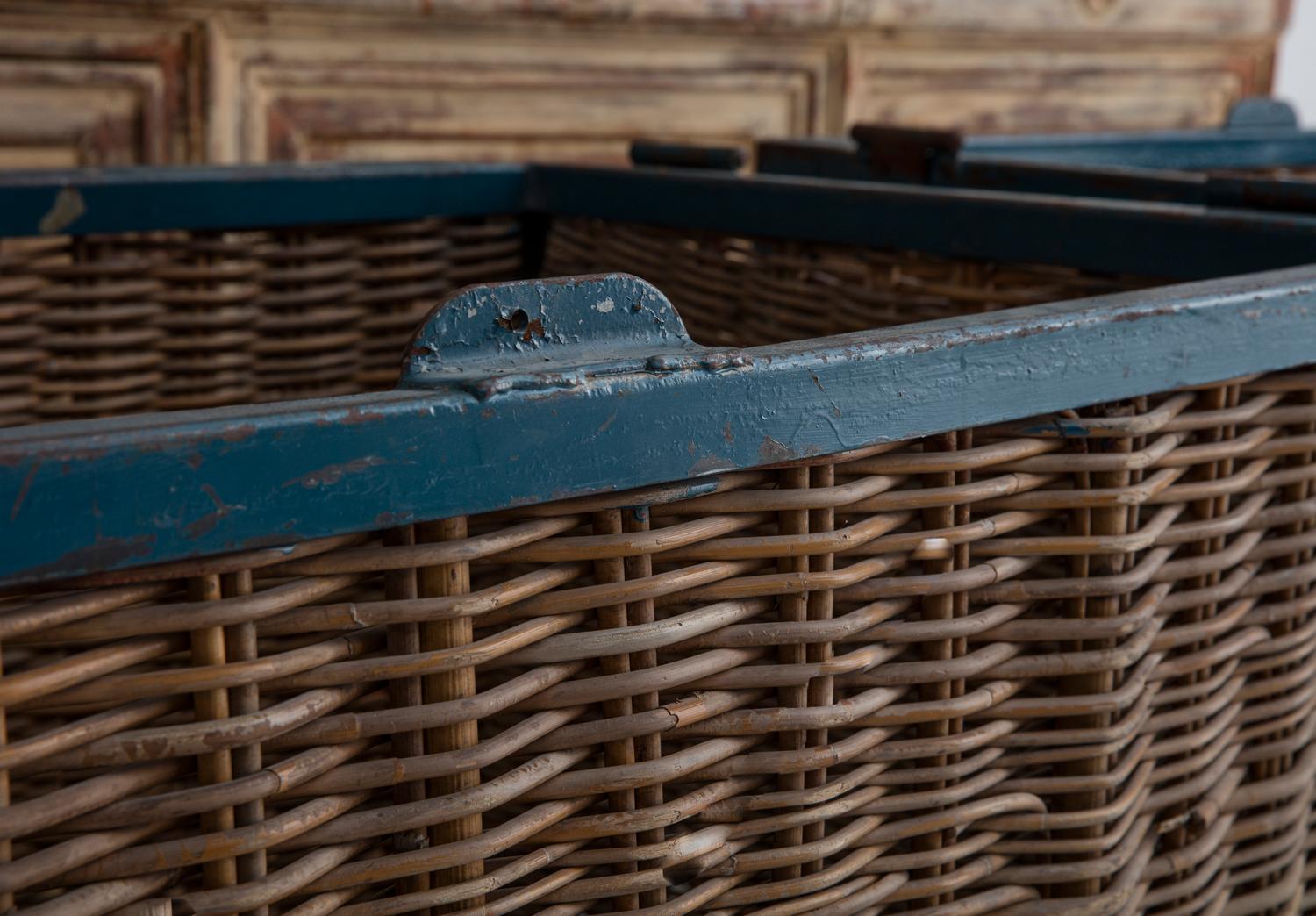 Painted Pair of Large Vintage French Industrial Wicker Baskets