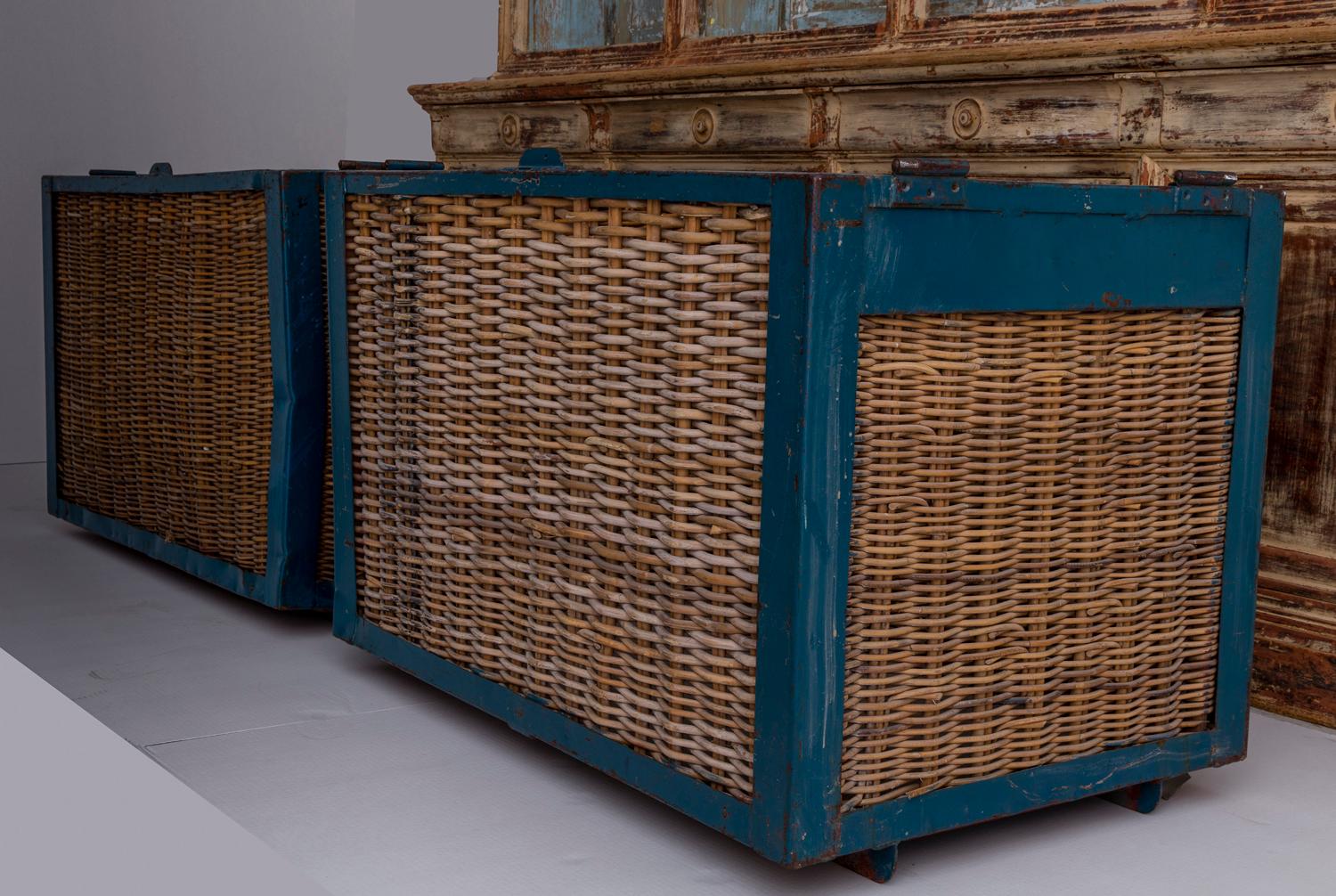 Pair of Large Vintage French Industrial Wicker Baskets In Good Condition In Wichita, KS
