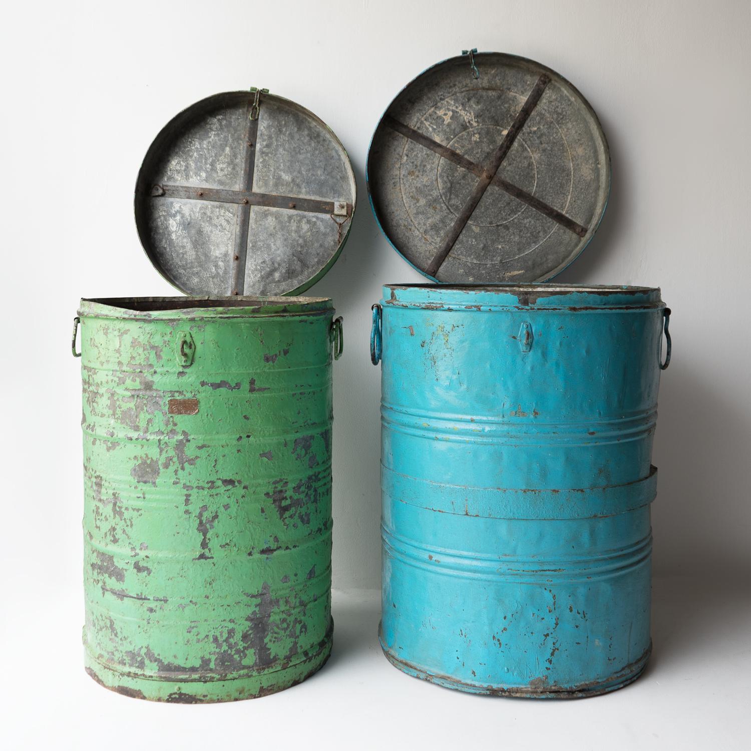 Galvanized Pair Of Large Vintage Galvanised Storage Bin Containers, Indian, Early 20th C.