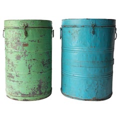 Pair Of Large Antique Galvanised Storage Bin Containers, Indian, Early 20th C.