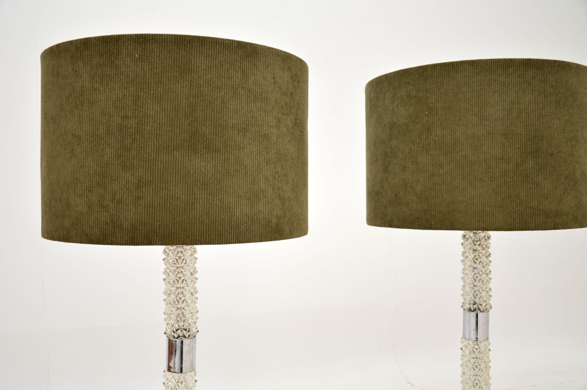 Mid-Century Modern Pair of Large Vintage Glass & Chrome Table Lamps