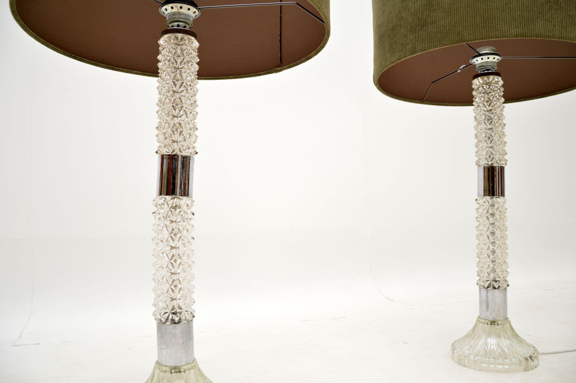 French Pair of Large Vintage Glass & Chrome Table Lamps