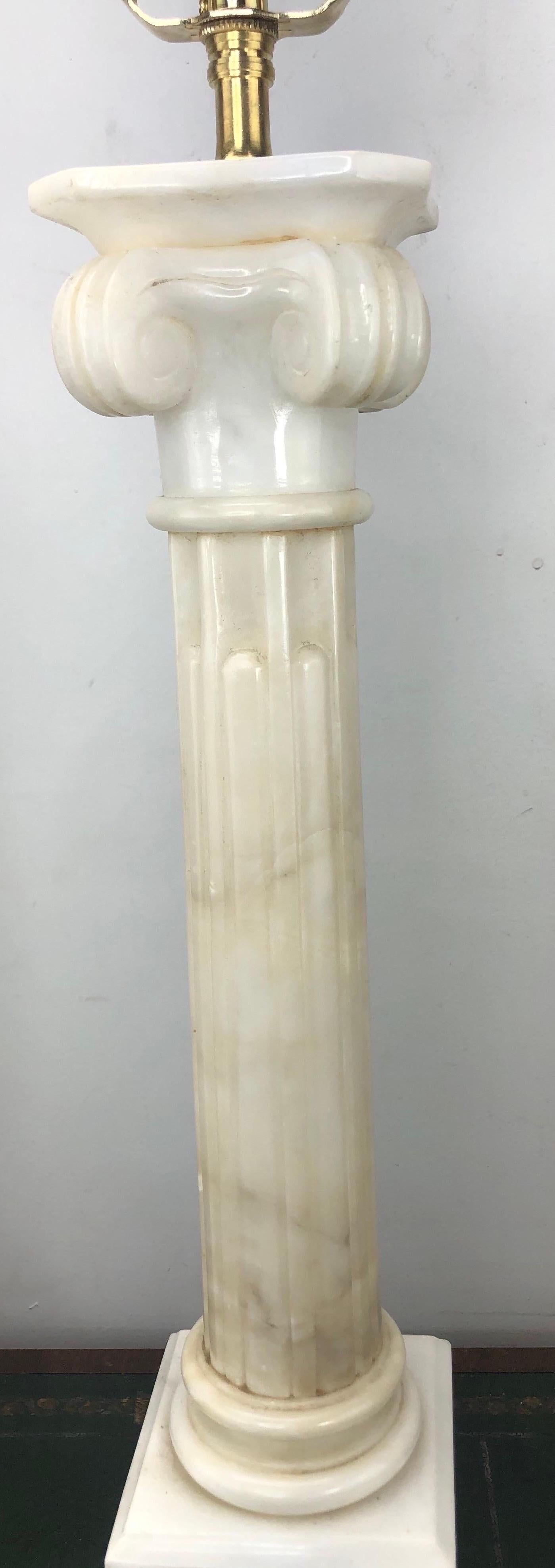 Pair of Large Vintage Italian Alabaster Column Lamps with Ionic Capitals For Sale 4