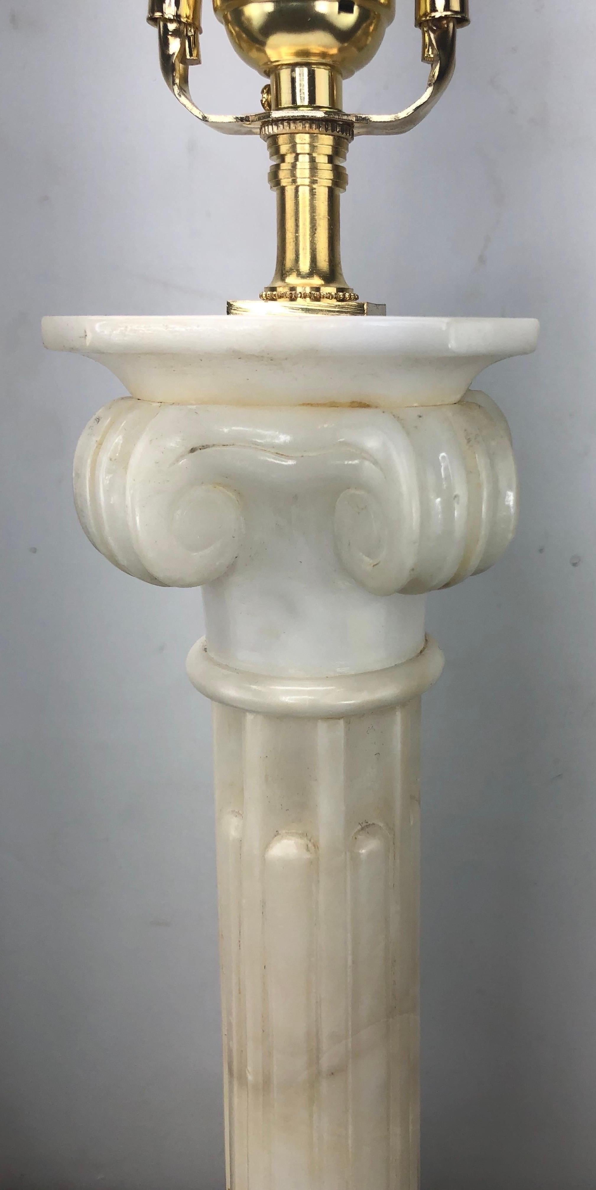 Pair of Large Vintage Italian Alabaster Column Lamps with Ionic Capitals For Sale 5