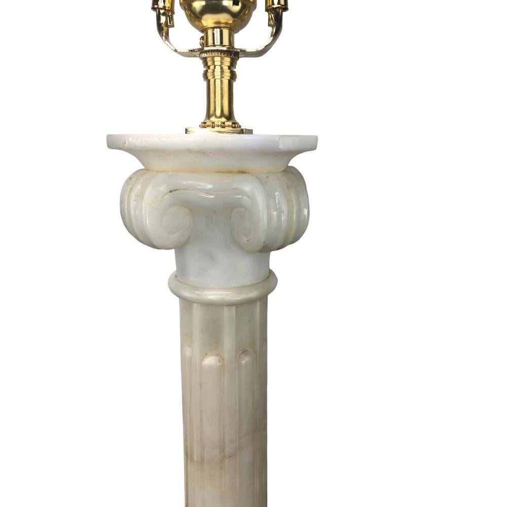 Neoclassical Pair of Large Vintage Italian Alabaster Column Lamps with Ionic Capitals For Sale