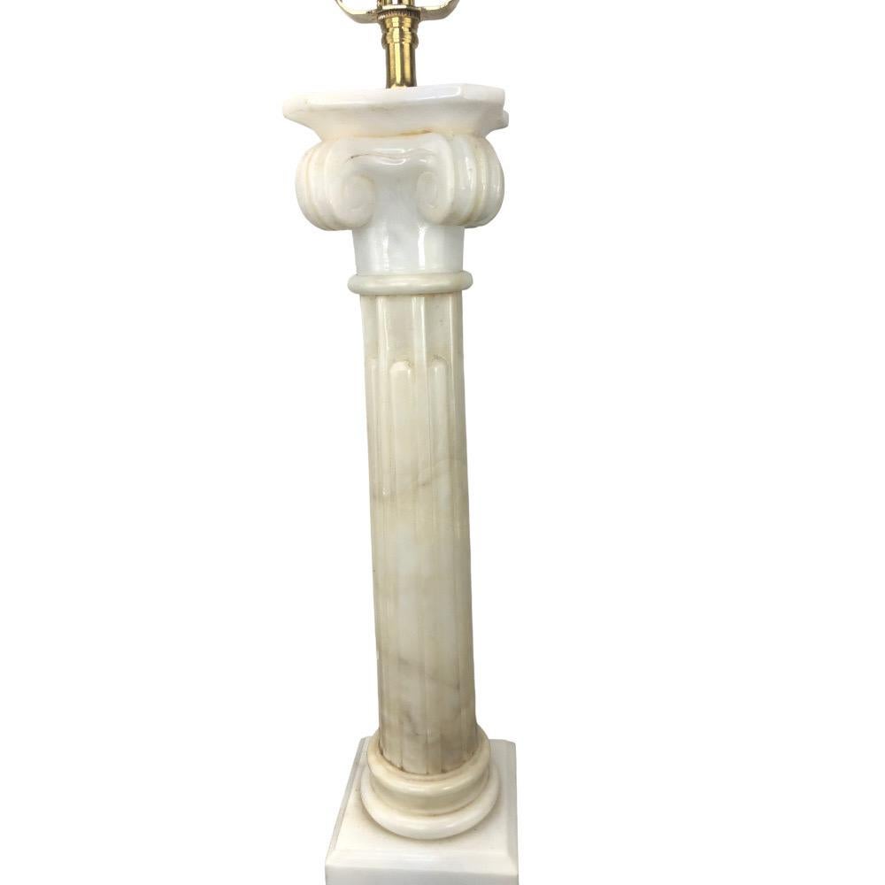 Pair of Large Vintage Italian Alabaster Column Lamps with Ionic Capitals For Sale 1