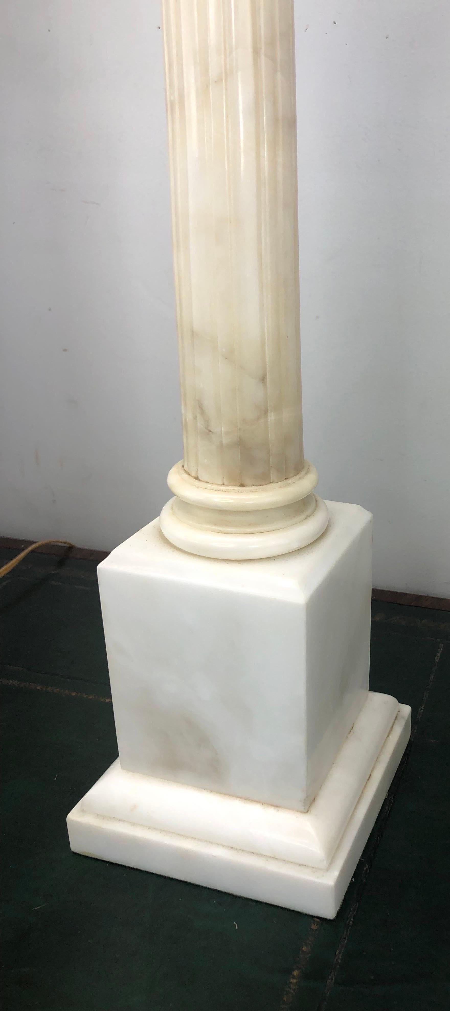 Pair of Large Vintage Italian Alabaster Column Lamps with Ionic Capitals For Sale 2