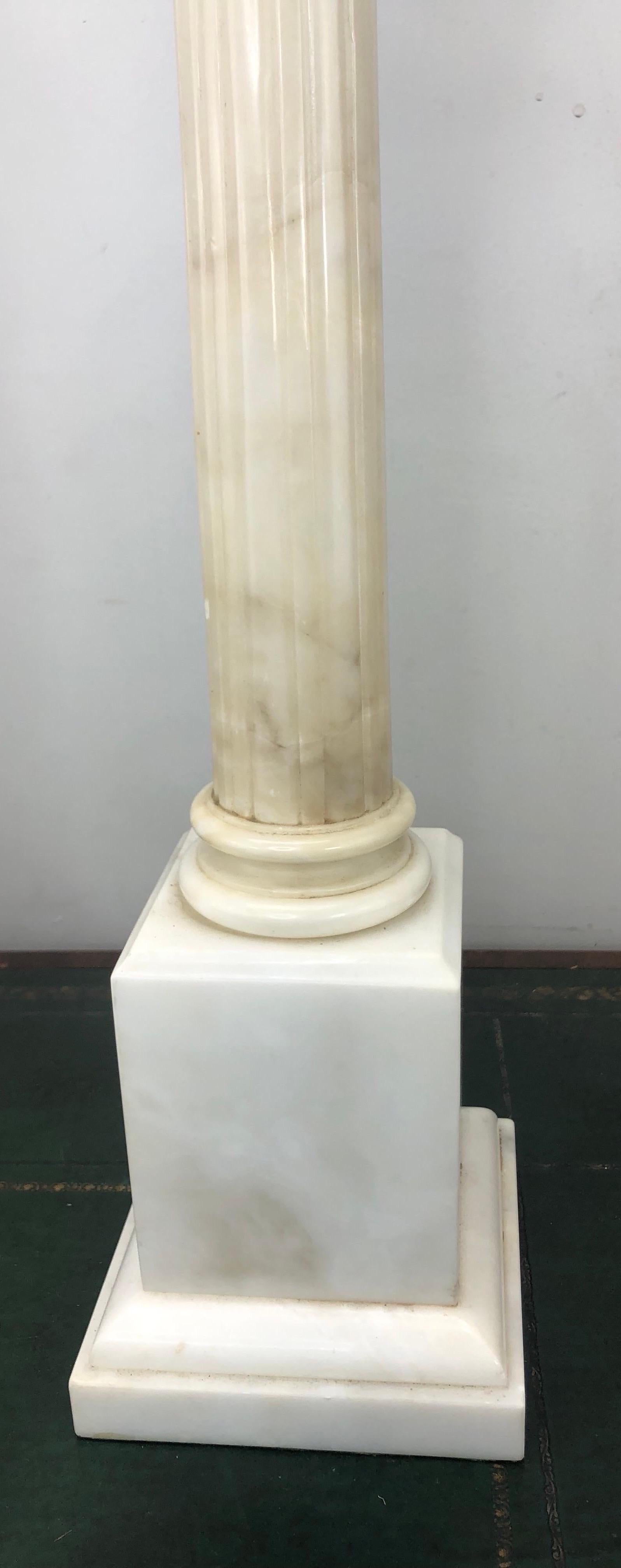 Pair of Large Vintage Italian Alabaster Column Lamps with Ionic Capitals For Sale 3