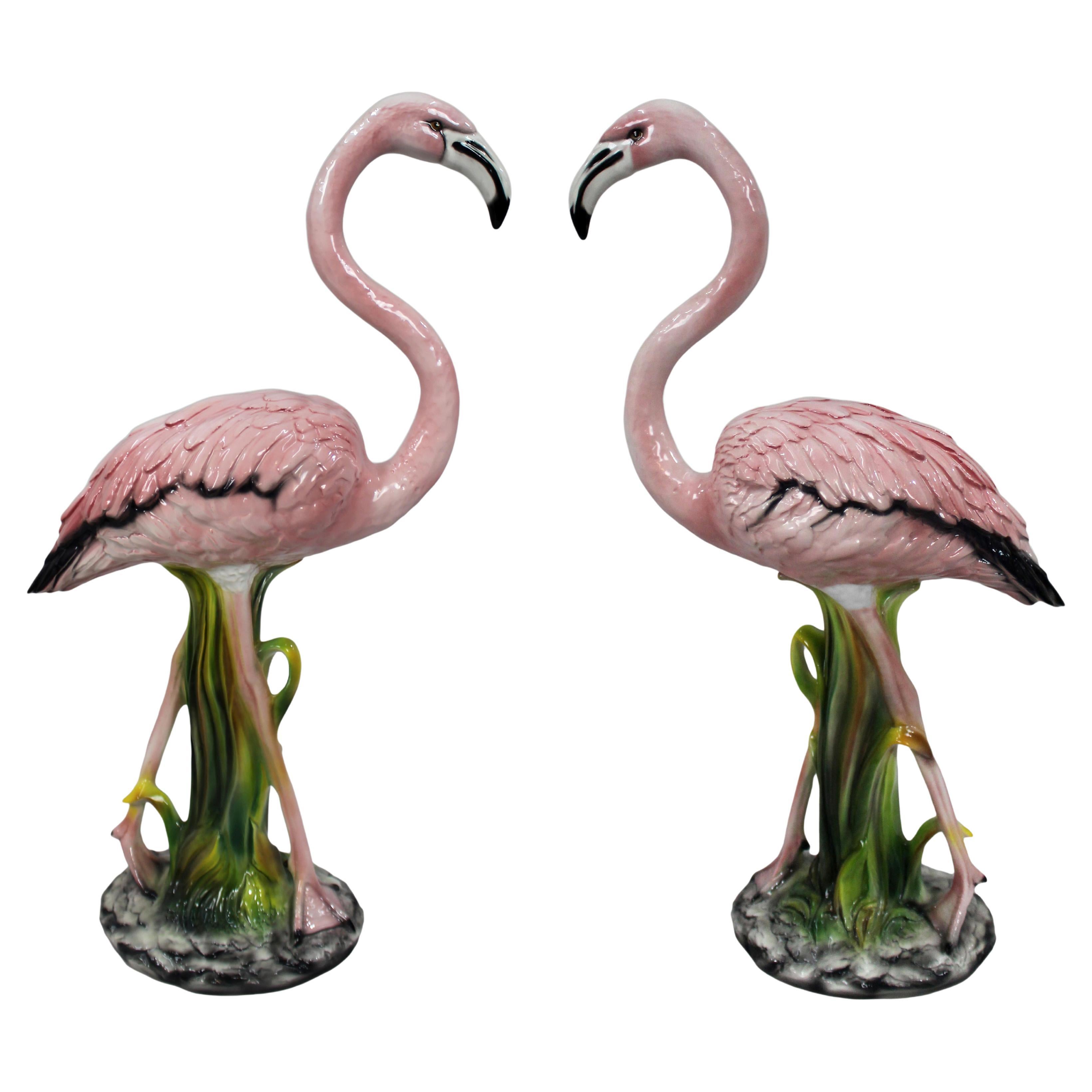 Pair of Large Vintage Italian Ceramic Flamingos