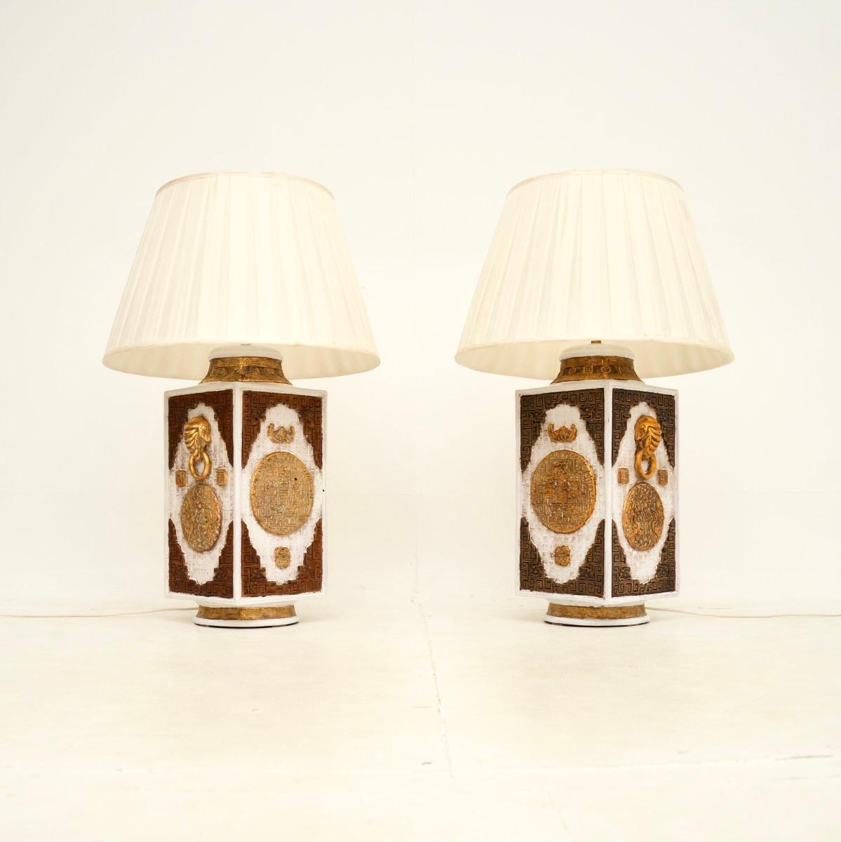 A stunning pair of large vintage Italian ceramic table lamps. They are in the oriental style, they were made in Italy and date from around the 1970’s.

They are very large, highly decorative and impressive; the quality is outstanding. There are