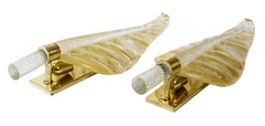 Pair of Large Vintage Italian Leaf Form Murano Glass / Brass Wall Light Sconces
