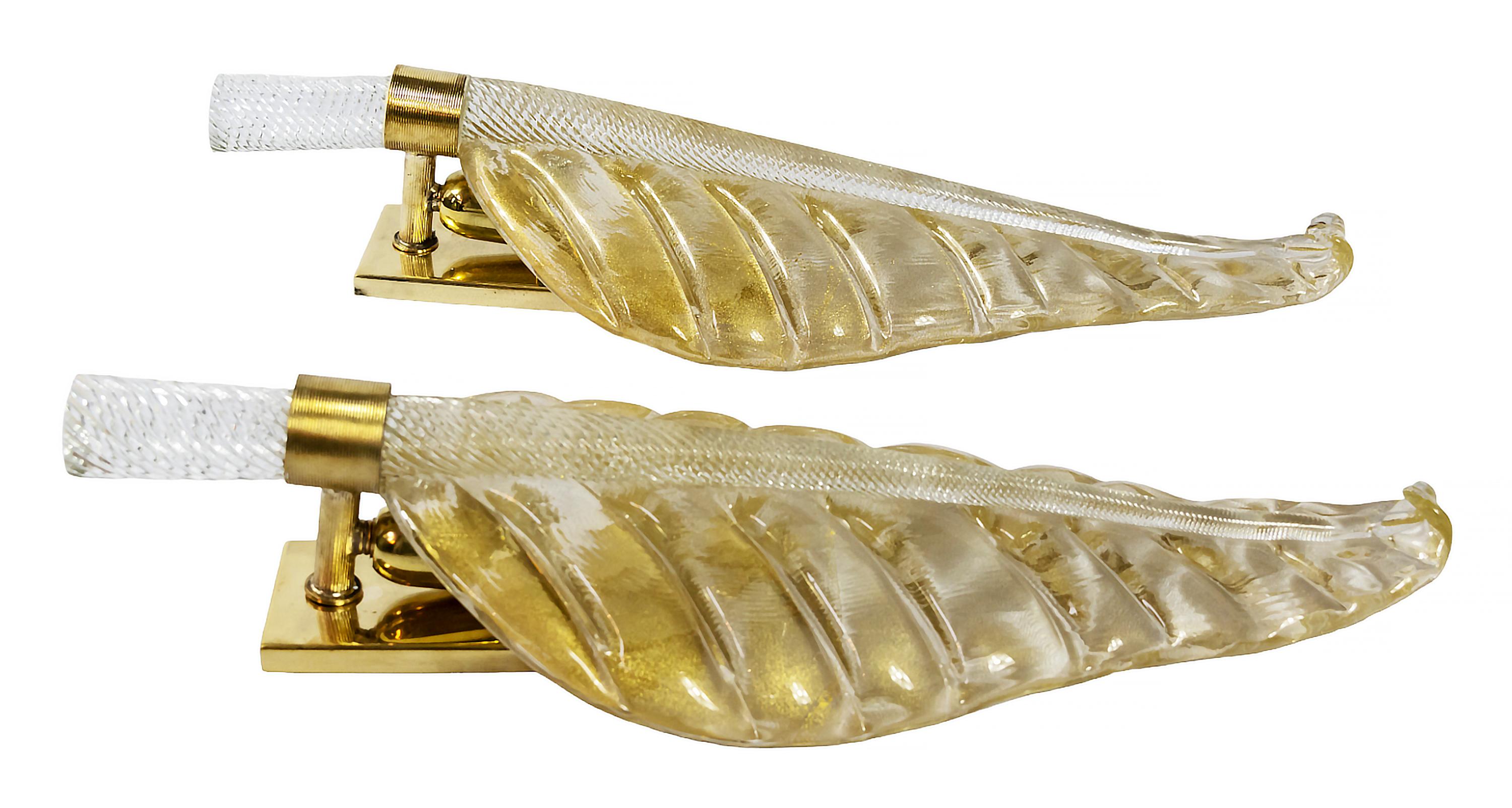 Modern Pair of Large Vintage Italian Leaf Form Murano Glass / Brass Wall Light Sconces For Sale