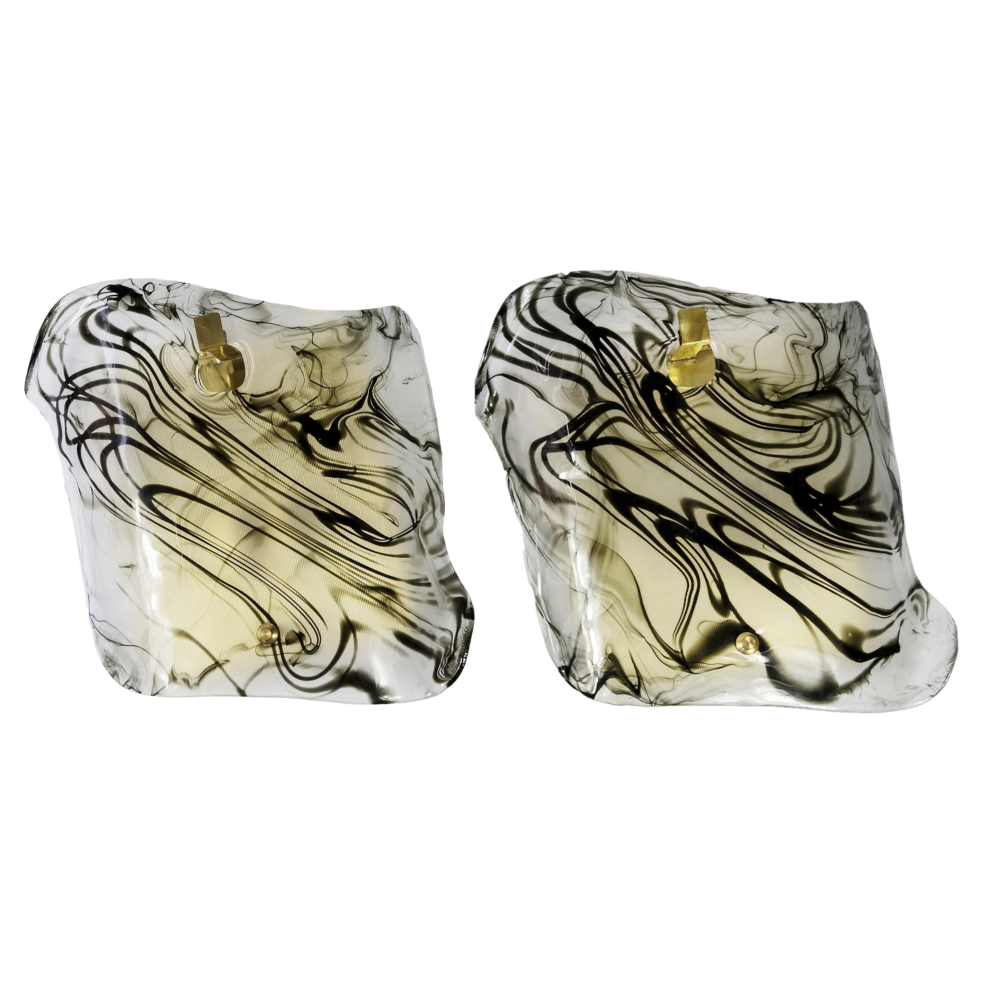 Pareja de grandes apliques vintage italianos de cristal de Murano y latón