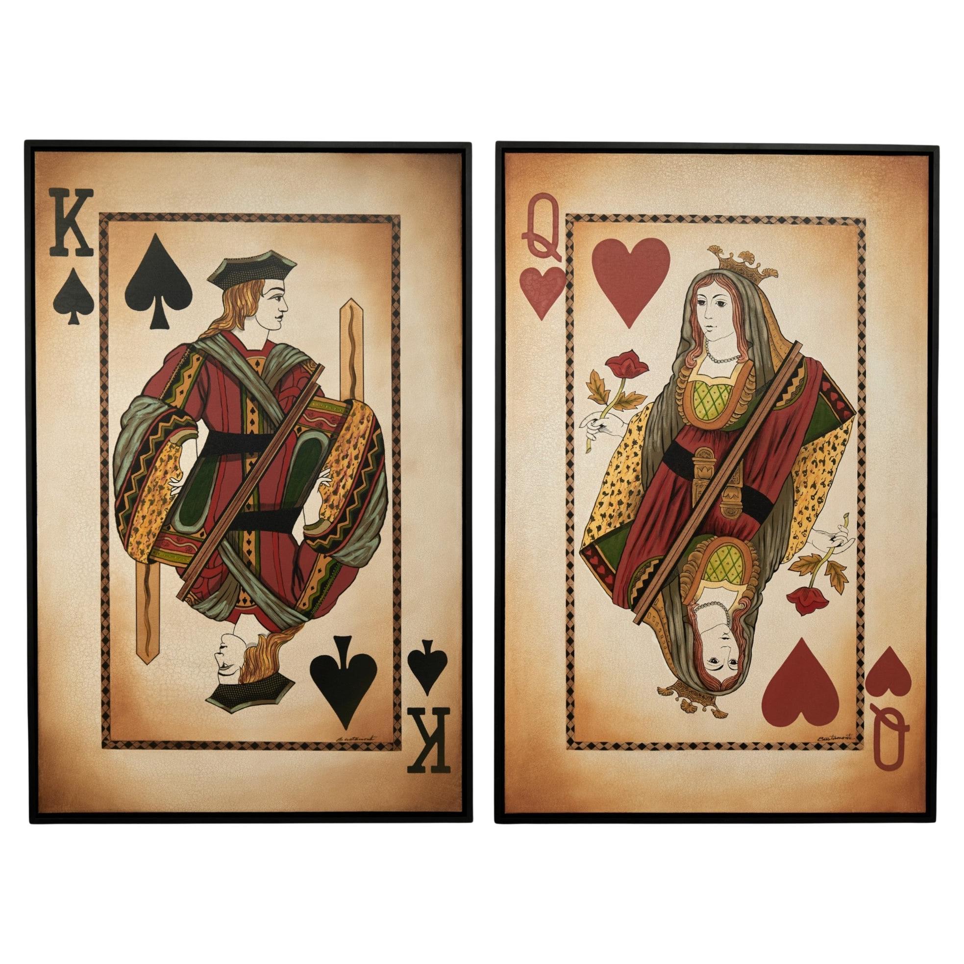 Paire de grands tirages vintage de cartes à jouer du roi et de la reine