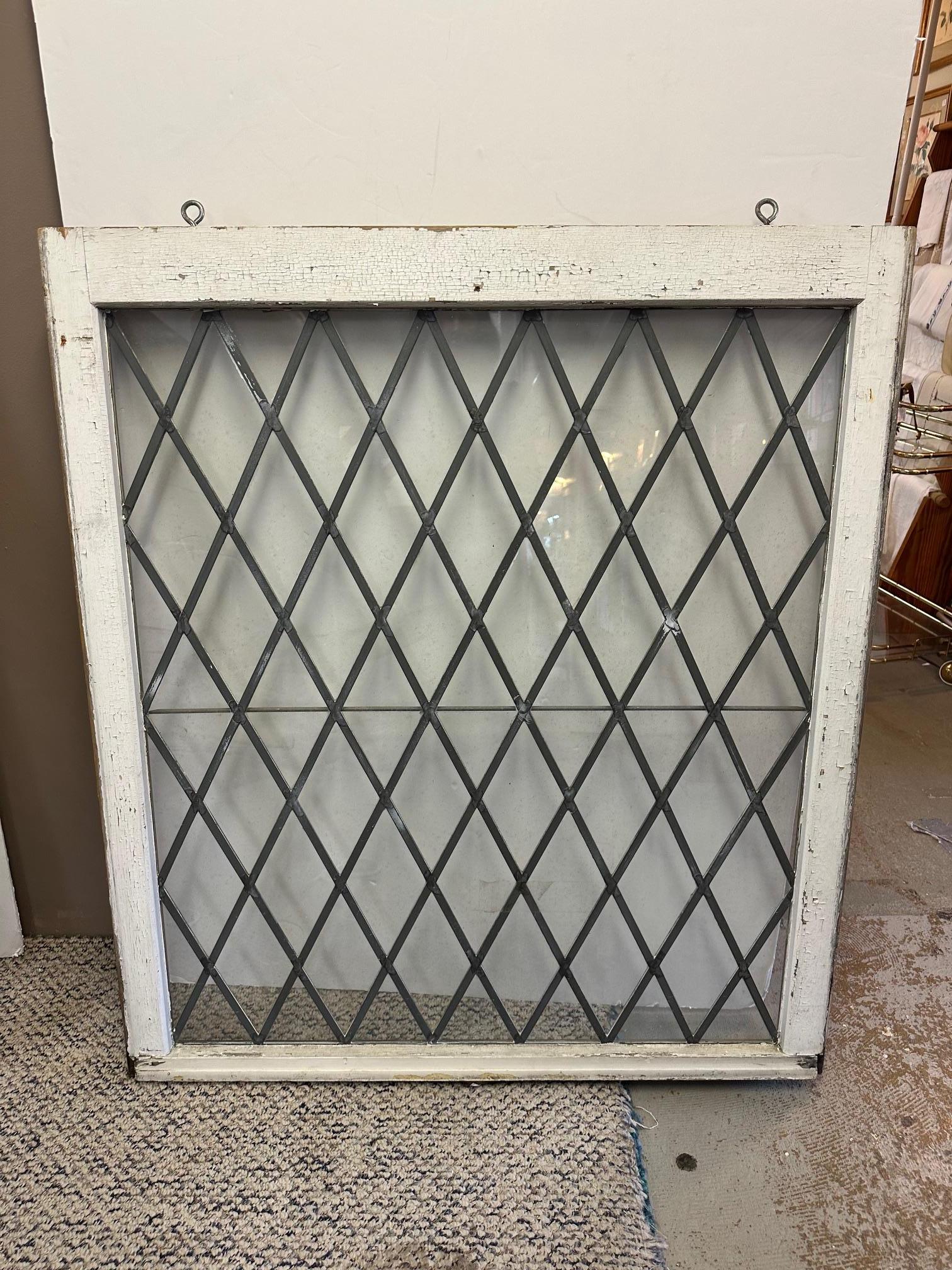 Pair of Large Vintage Leaded Glass Diamond Motif Clear Windows For Sale 4