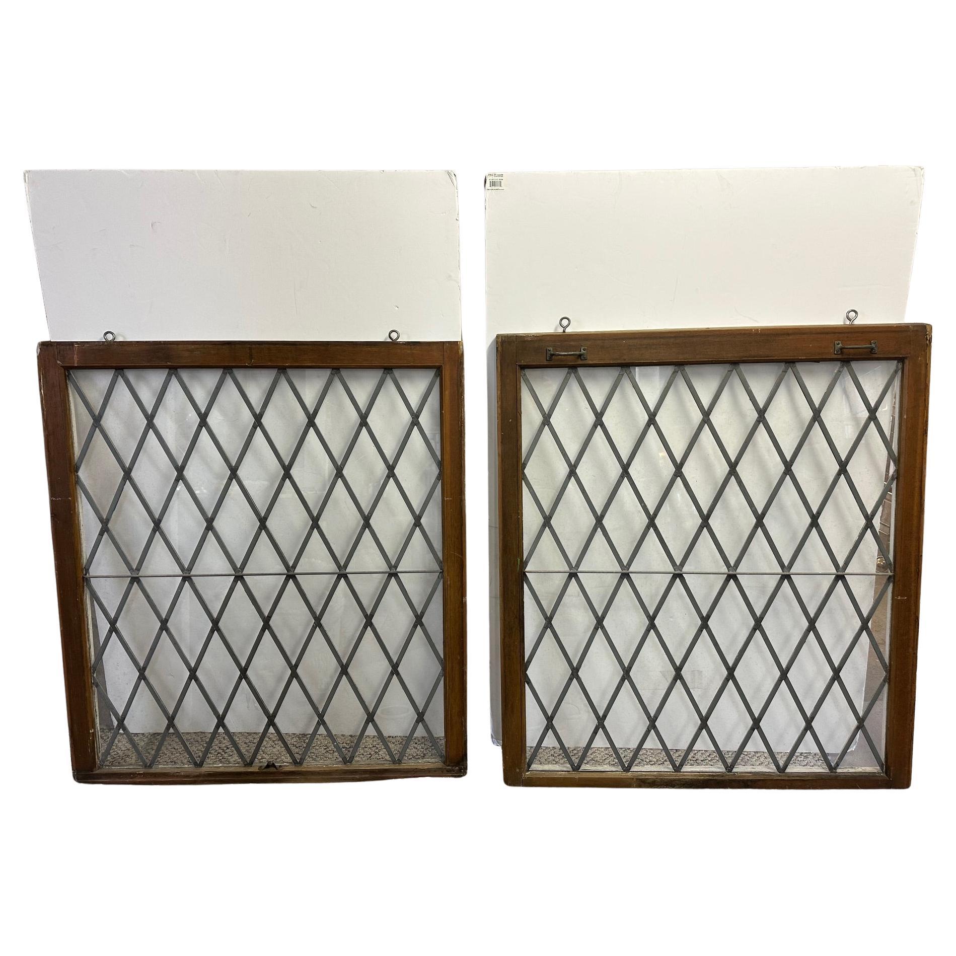 Pair of Large Vintage Leaded Glass Diamond Motif Clear Windows For Sale