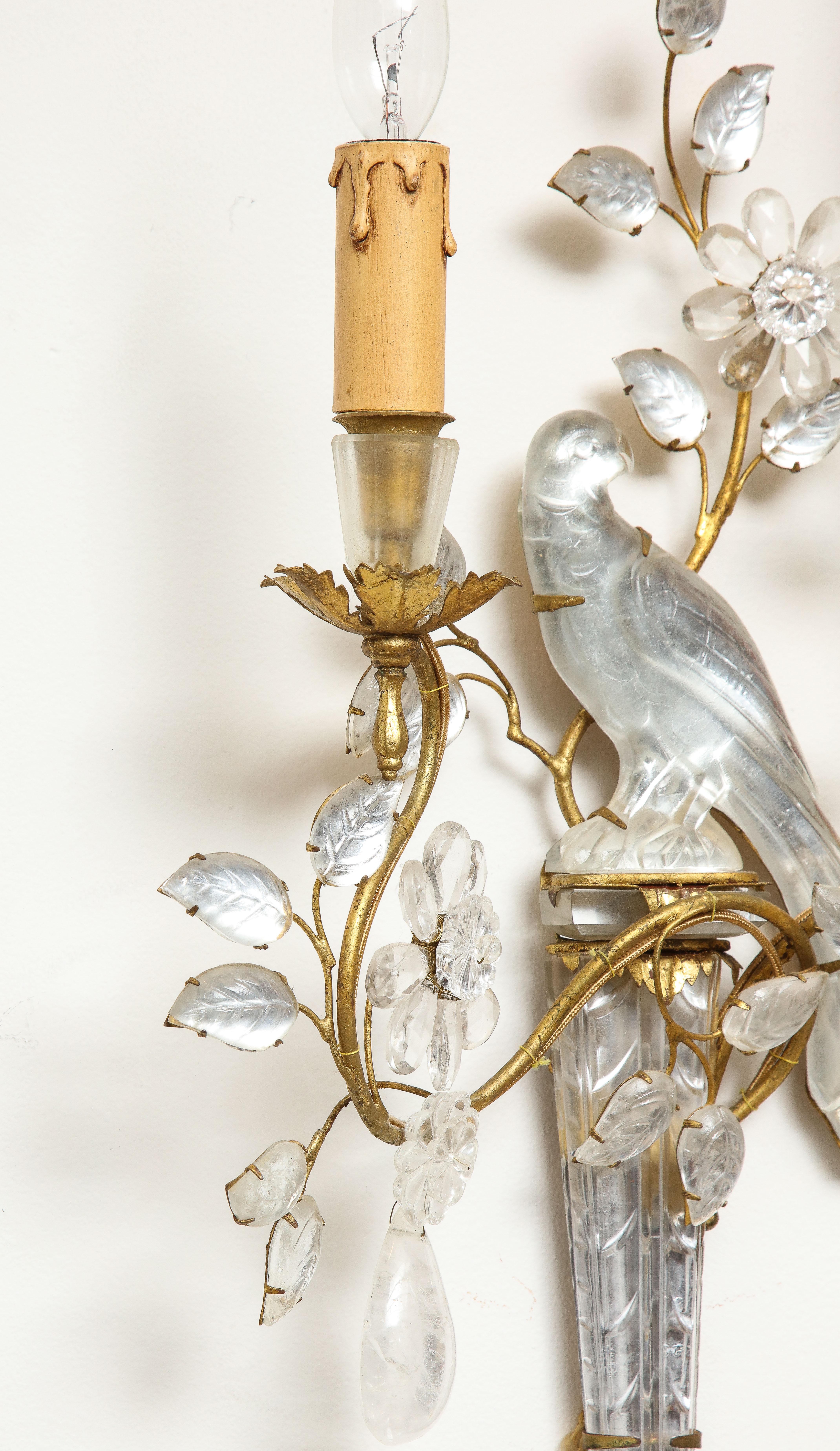 Pair of Large Vintage Maison Baguès Rock Crystal Bird Sconces 4