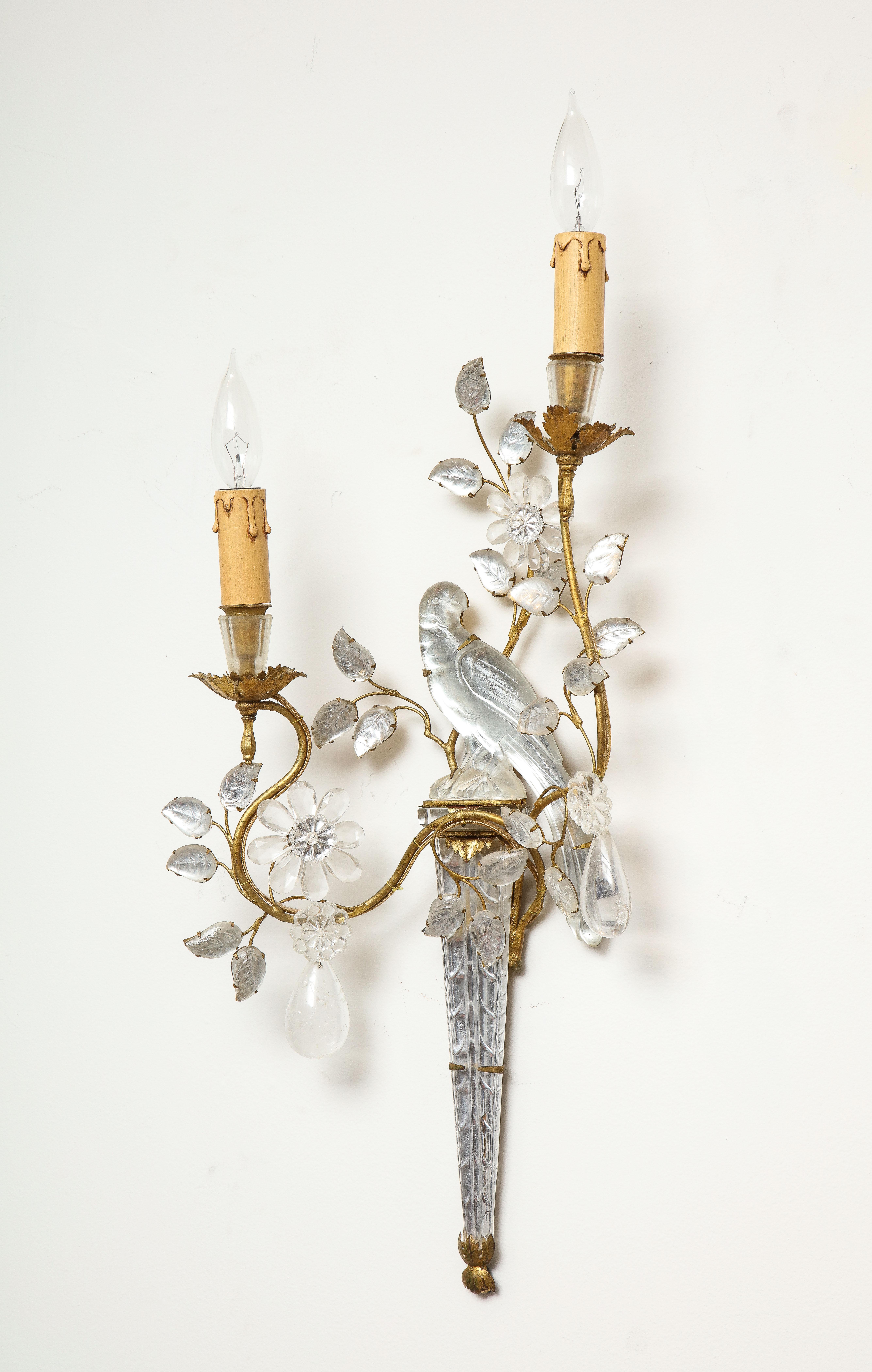 Pair of Large Vintage Maison Baguès Rock Crystal Bird Sconces In Fair Condition In New York, NY