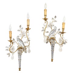 Pair of Large Vintage Maison Baguès Rock Crystal Bird Sconces